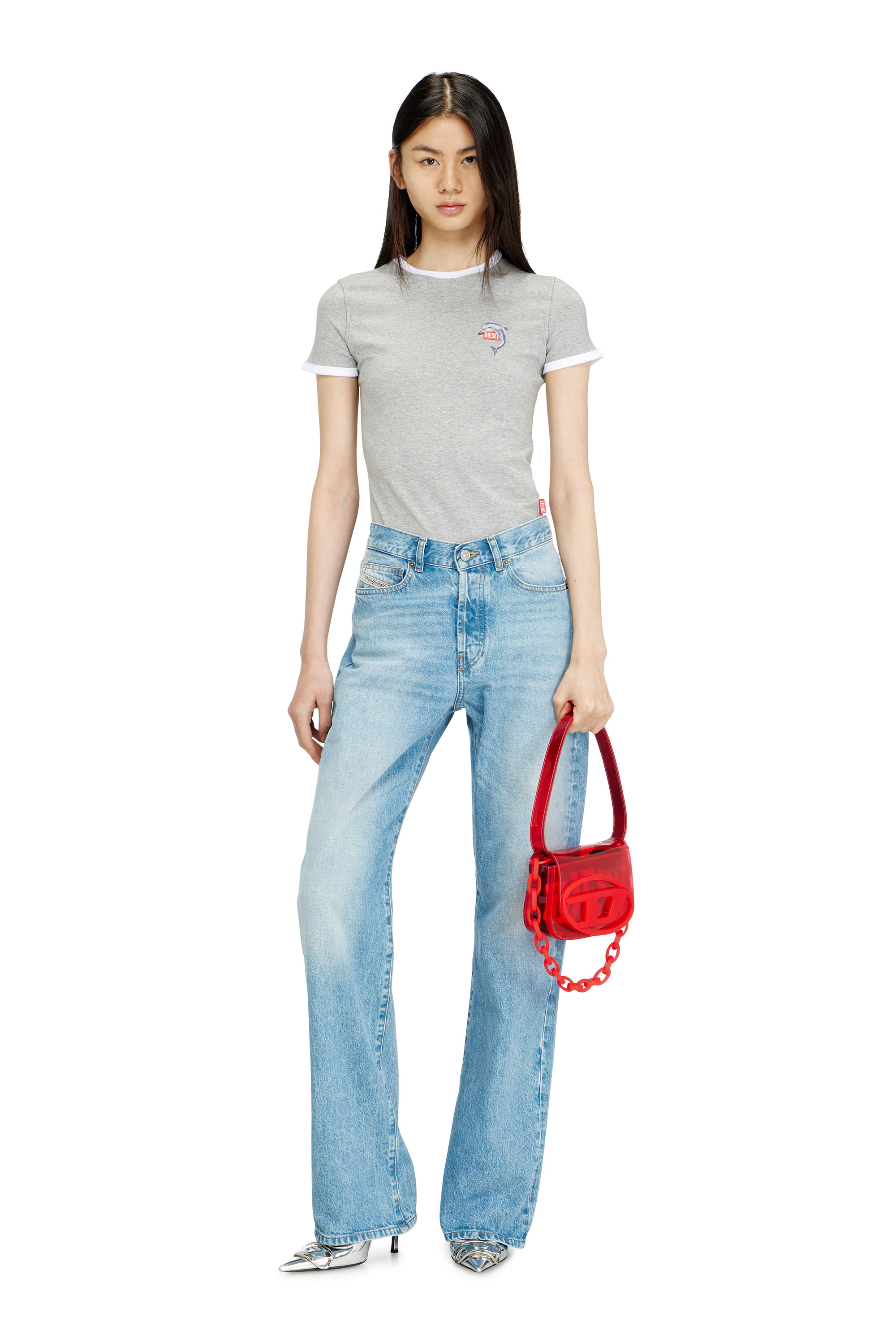 Diesel - T-UNCUTIES-LONG-S13, T-shirt ajust&eacute;e &agrave; imprim&eacute; dauphin Femme in Gris - 2