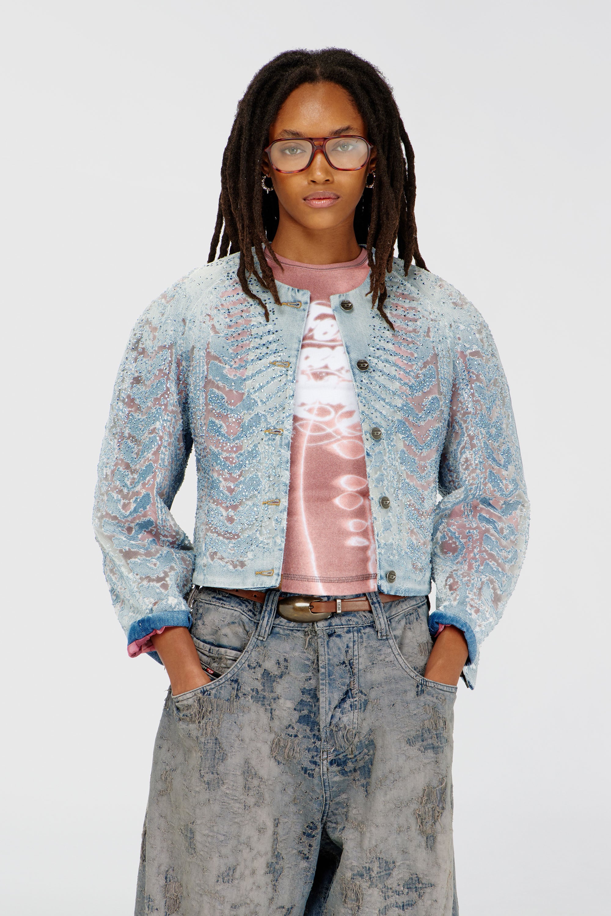 Diesel - DE-SOLIXIA-S, Veste en denim microstone devor&eacute; Femme in Bleu - 1
