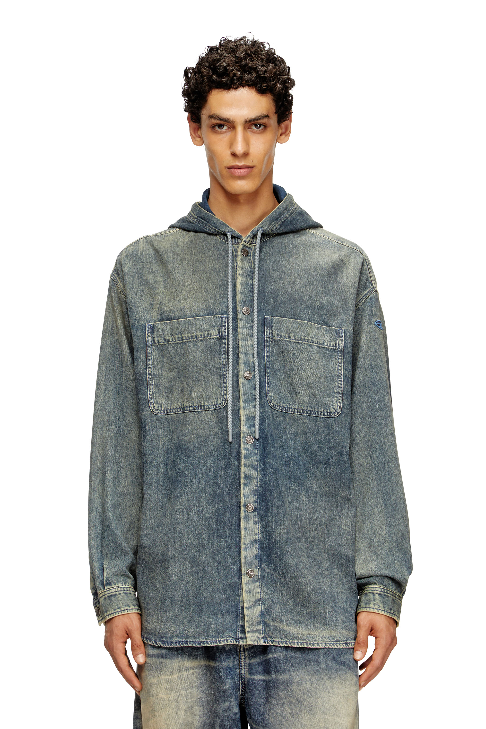 Diesel - D-DEWNY-HOOD-S2, Overshirt in denim coated effetto marmorizzato Uomo in Blu - 1