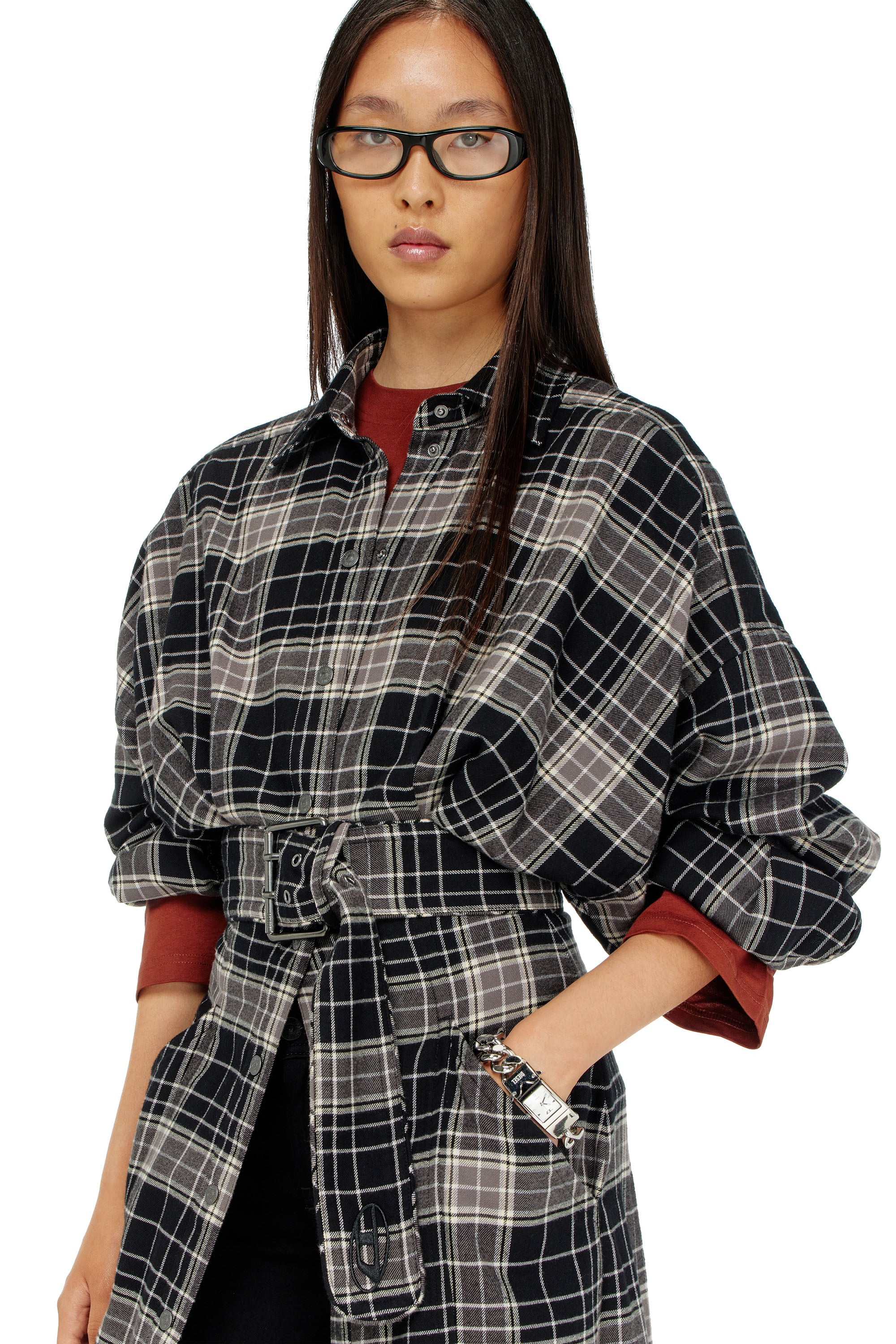 Diesel - D-EDALUS, Robe midi en flanelle &agrave; carreaux avec large ceinture Femme in Polychrome - 4