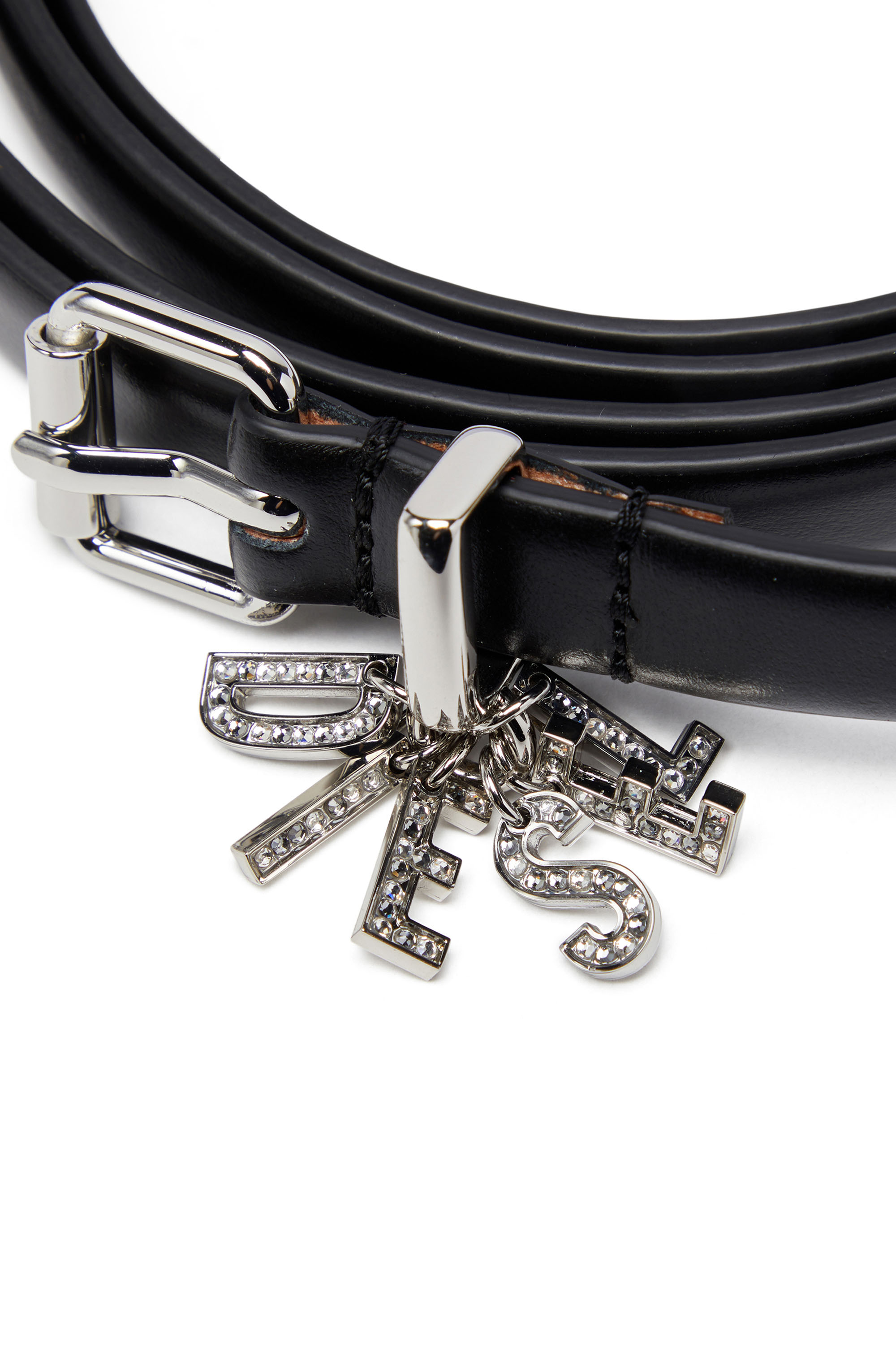Diesel - B-CHARM-LOOP DOUBLE, Woman Leather belt with crystal logo charms in Black - Image 3