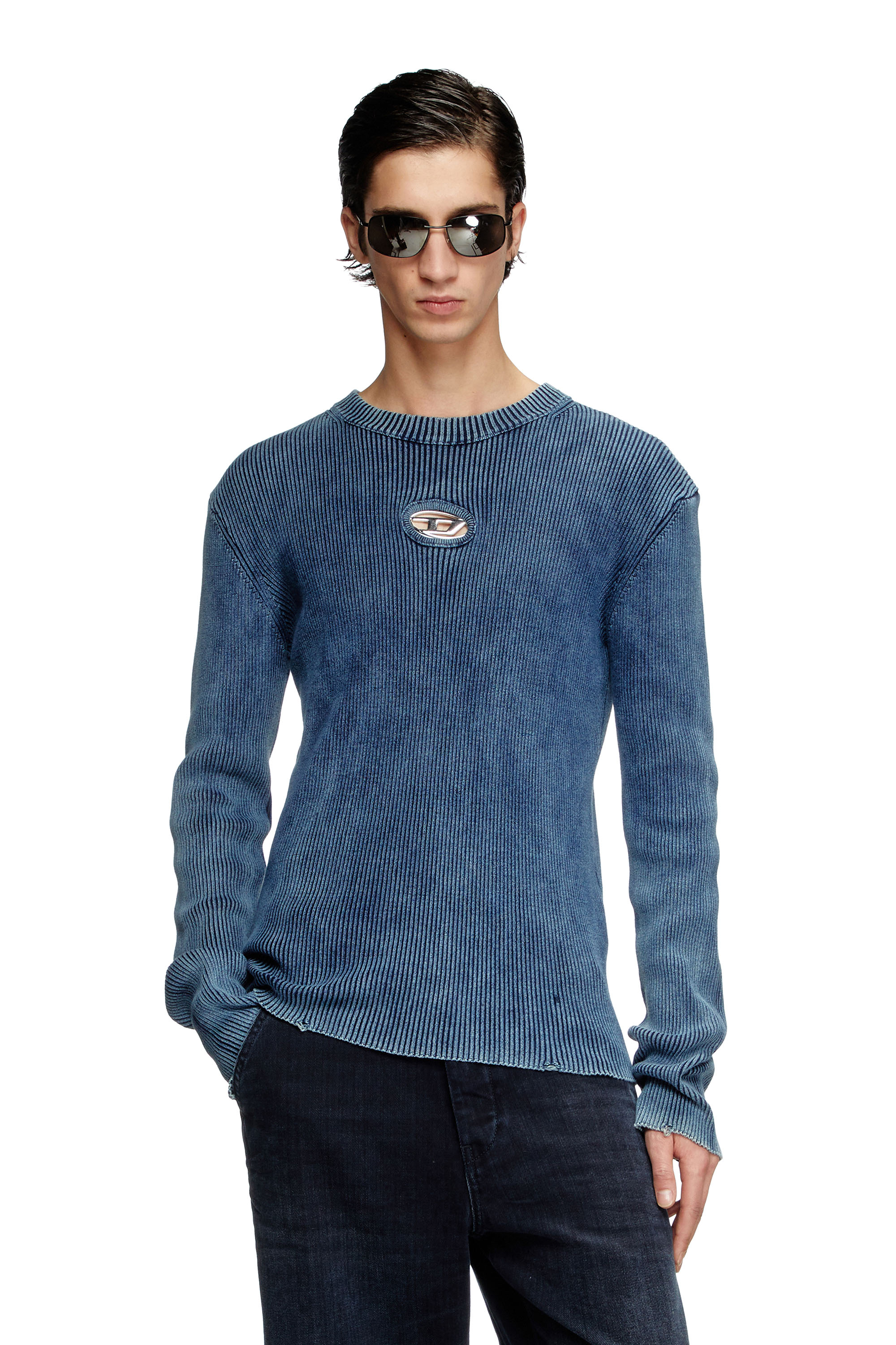 Diesel - K-DARIN-D, Maglia distressed con logo cut-out Uomo in Blu - 1