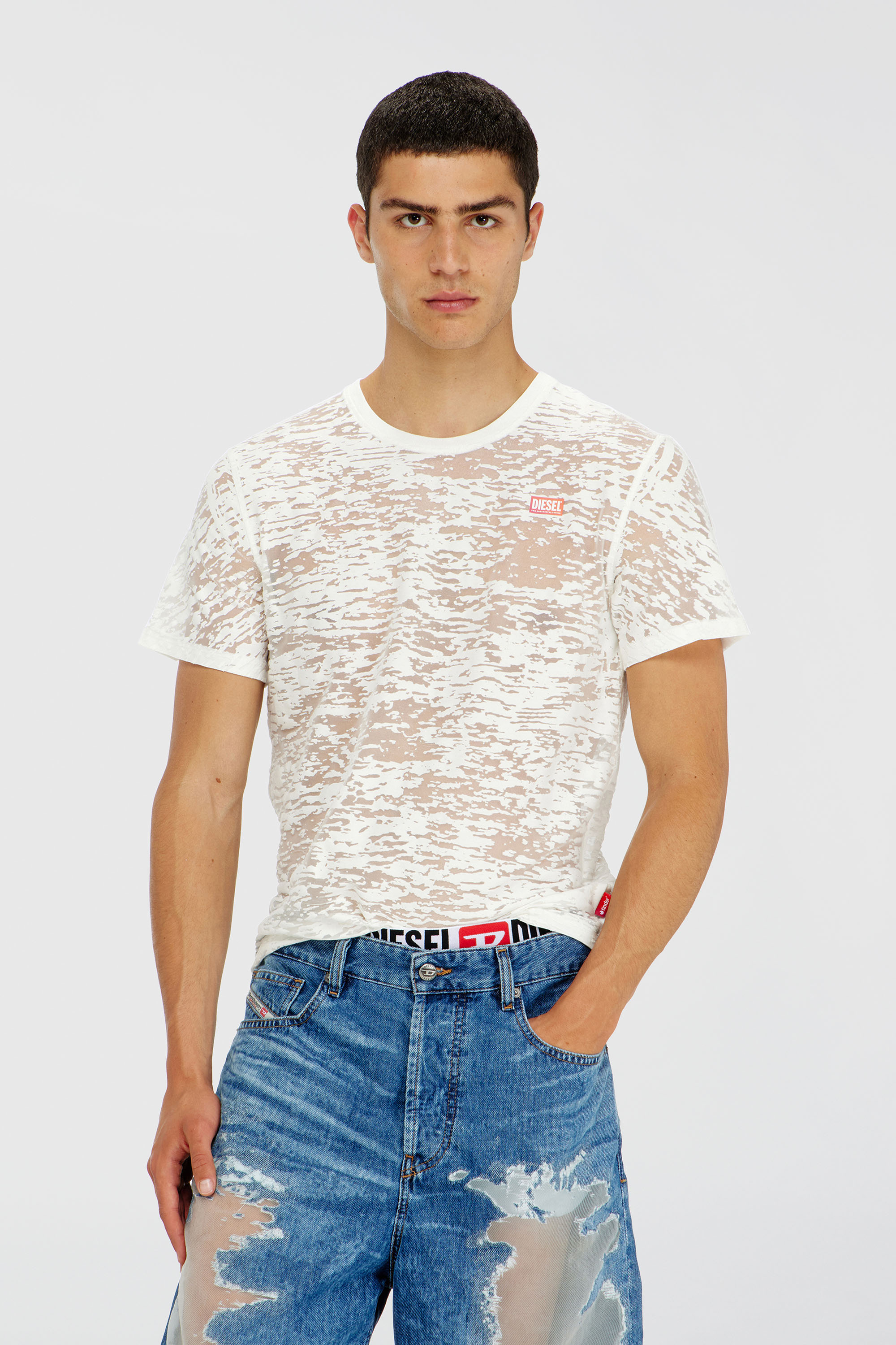 Diesel - PR-T-NOTS-MATI-R, T-shirt in jersey devor&eacute; all-over Unisex in Bianco - 1