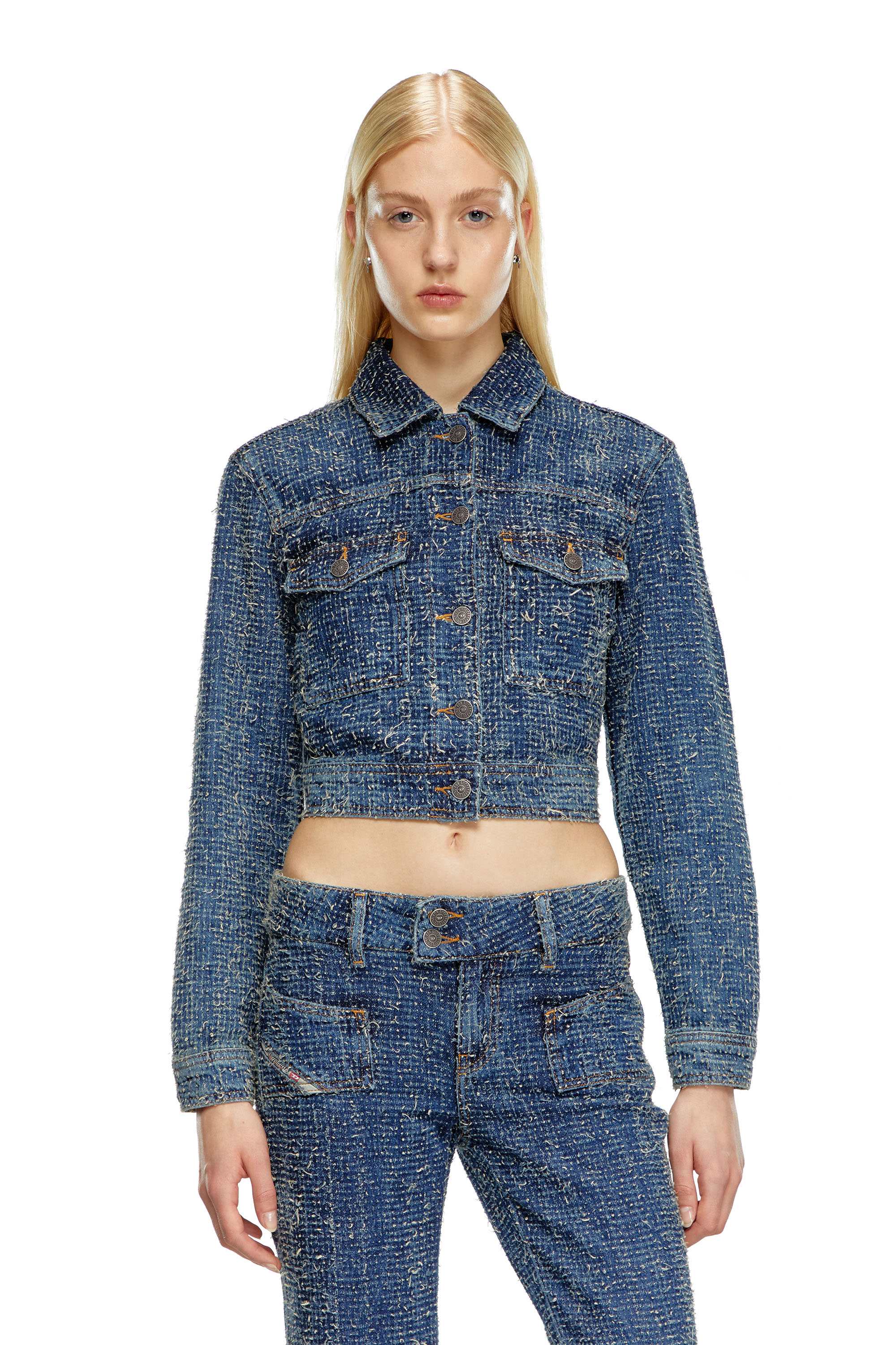 Diesel - DE-ATEL-S, Damen Cropped-Jacke aus Boucl&eacute;-Denim in Mittelblau - 6