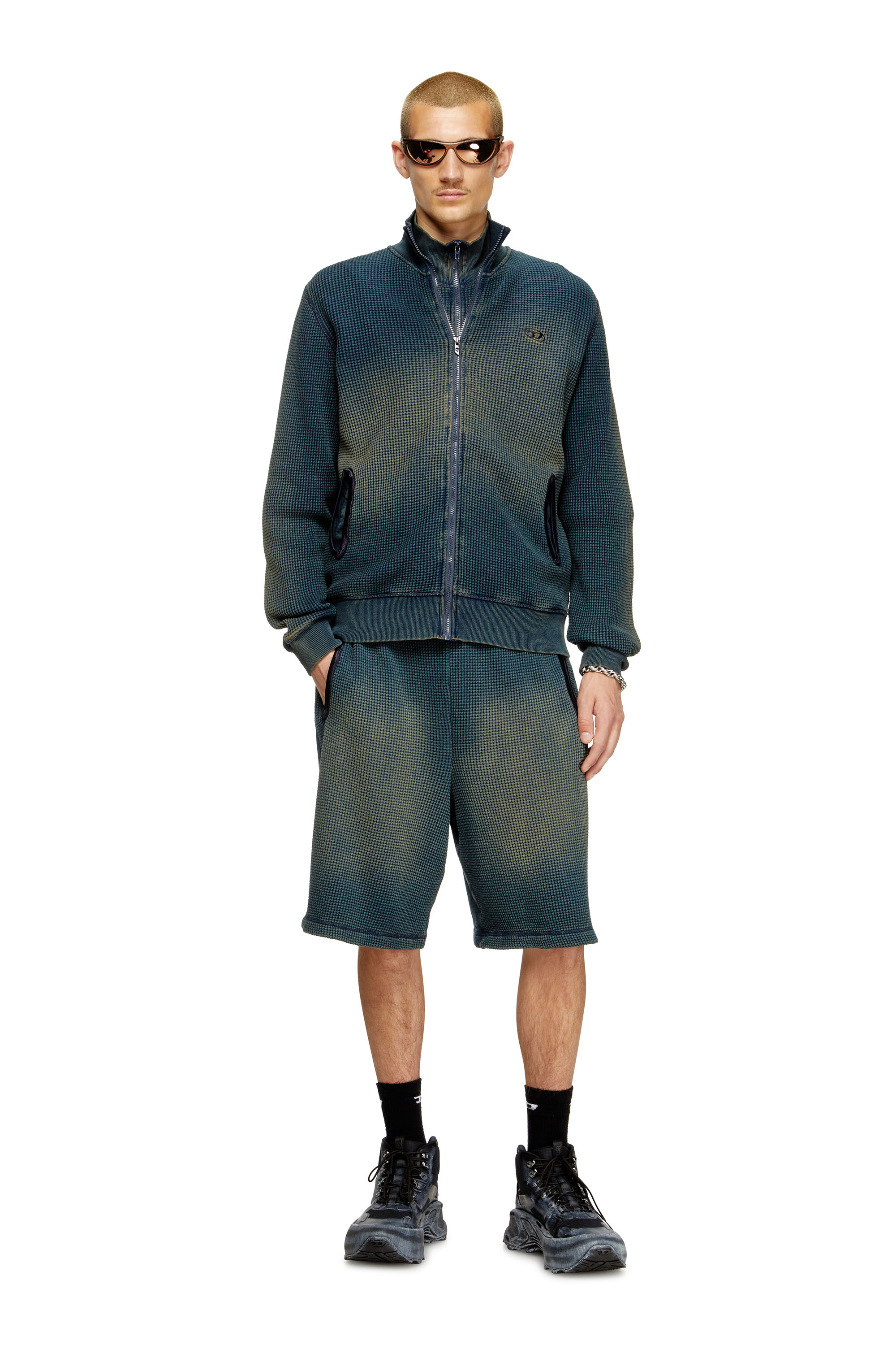 Diesel - S-WAFY-ZIP, Sweat-shirt zippé en jersey gaufré Homme in Bleu - 2