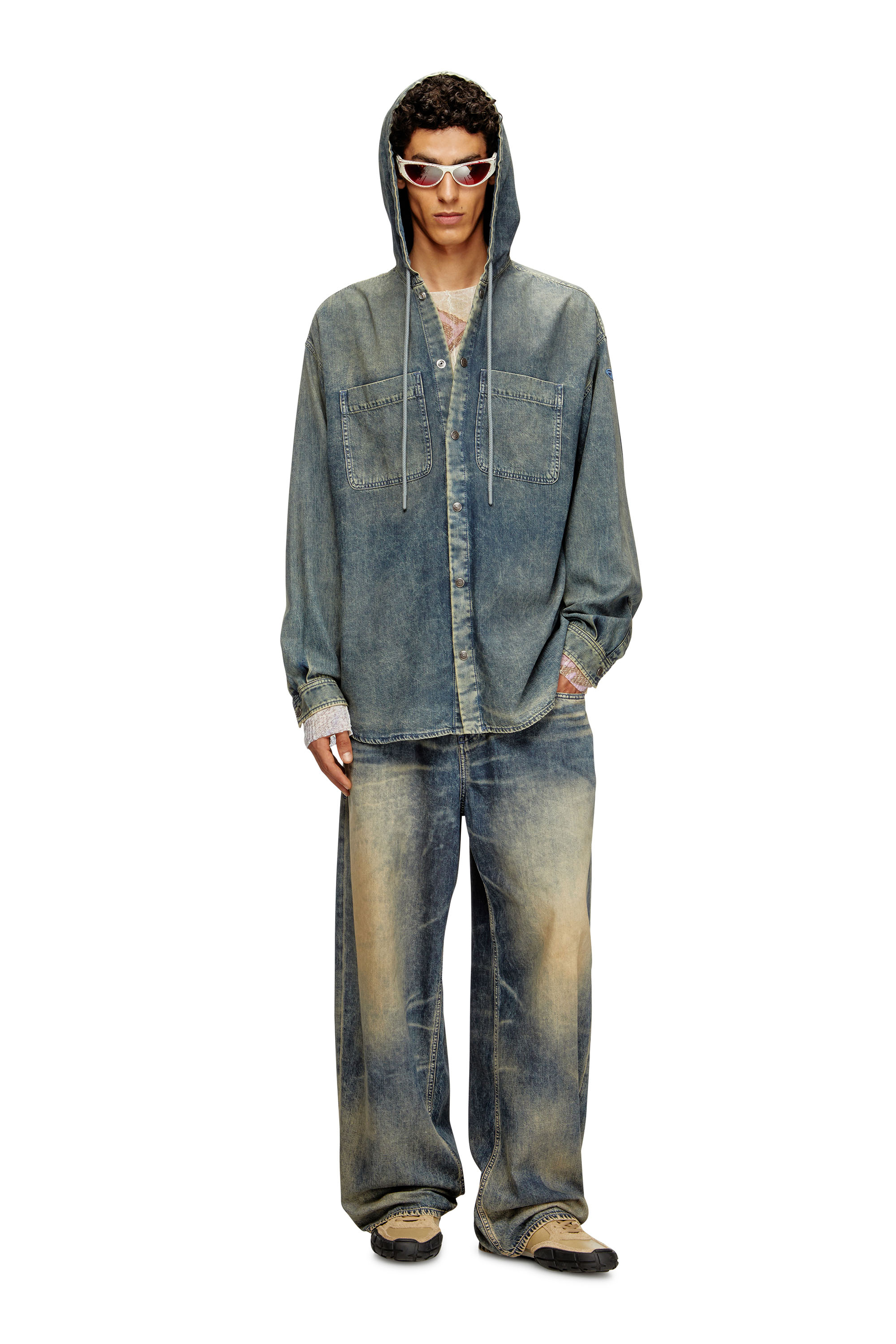 Diesel - D-DEWNY-HOOD-S2, Overshirt in denim coated effetto marmorizzato Uomo in Blu - 1