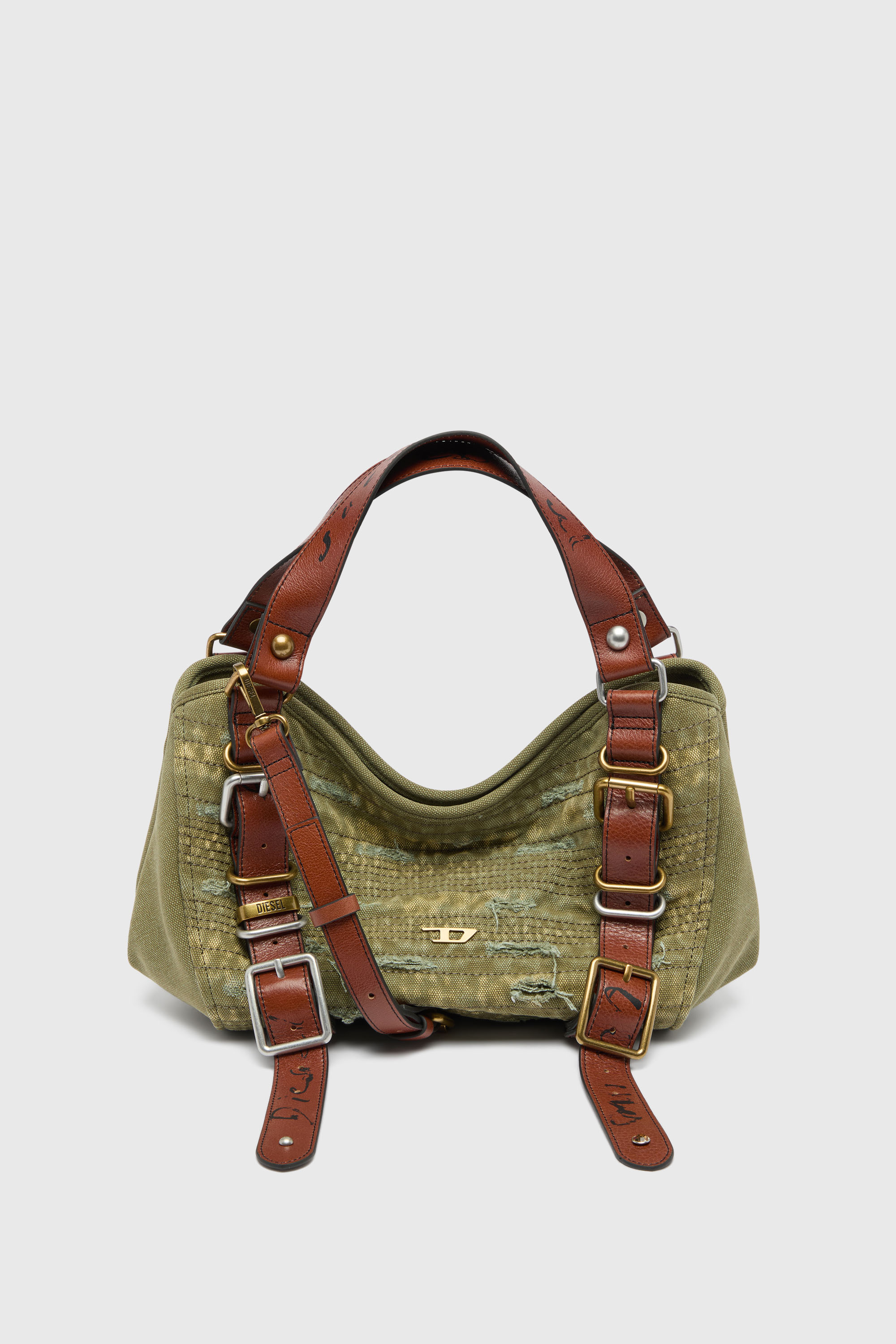 Diesel - D-ONE TOPHANDLE S, Damen D-One-Small Top-Handle-Tasche aus Canvas mit Lederbesatz in Gr&uuml;n - 3