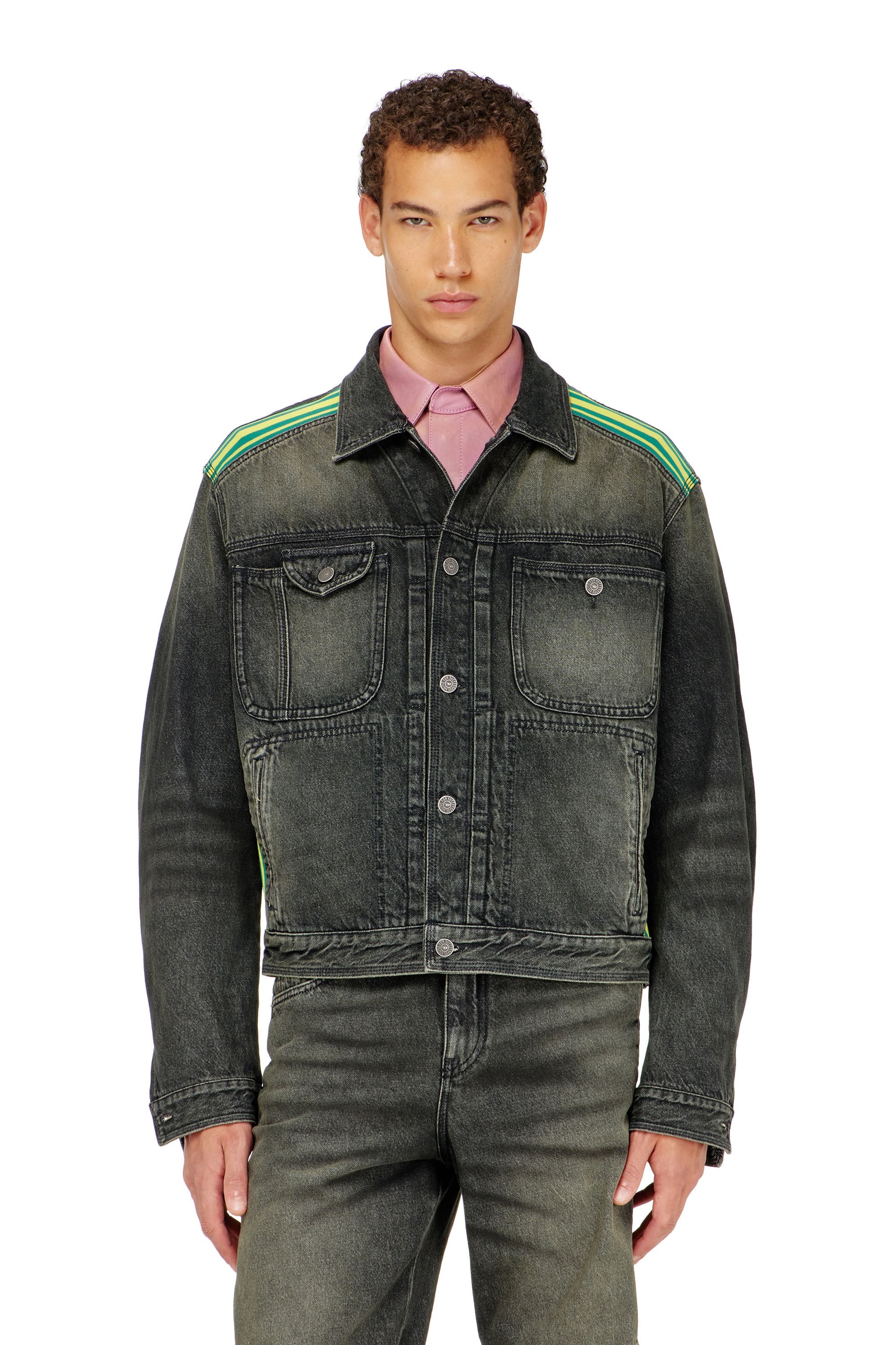 Diesel - D-BAS-FSJ1, Veste trucker avec bandes ray&eacute;es sur les &eacute;paules Homme in Noir - 1