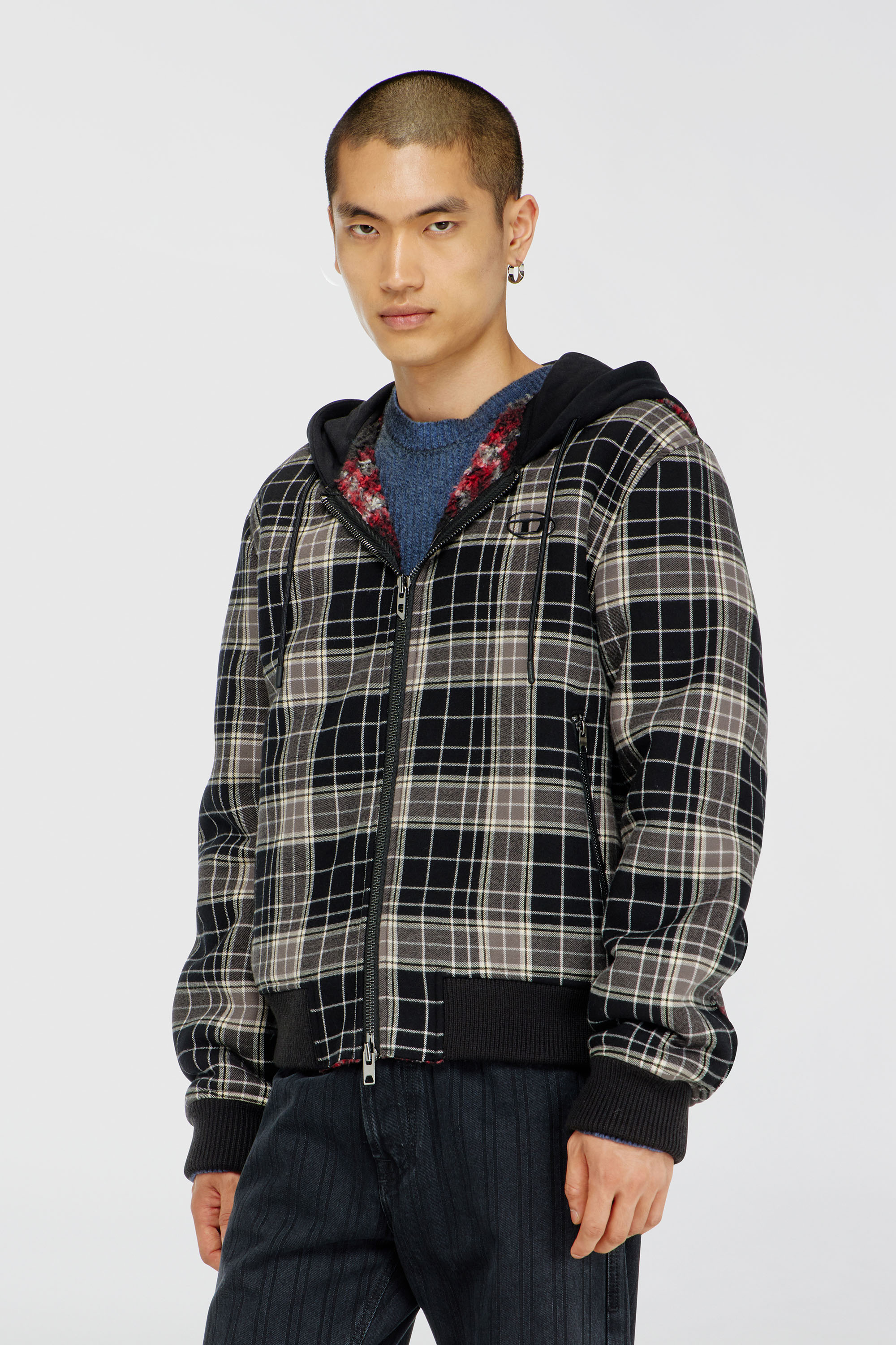 Diesel - W-KUNST, Man's Check-flannel bomber jacket with teddy interior in Grey/Black - 1