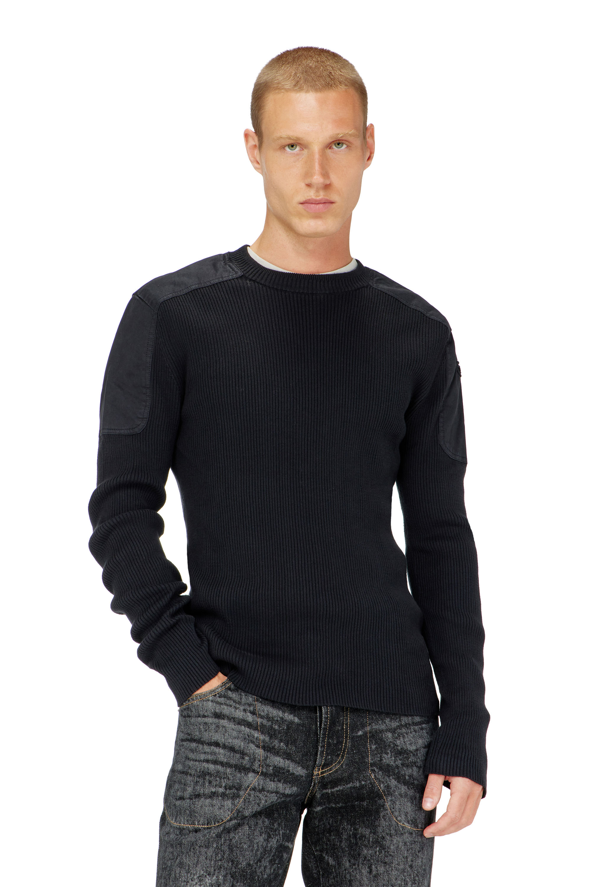 Diesel - K-MARTIN, Pull c&ocirc;tel&eacute; avec empi&egrave;cements aux &eacute;paules Homme in Noir - 1