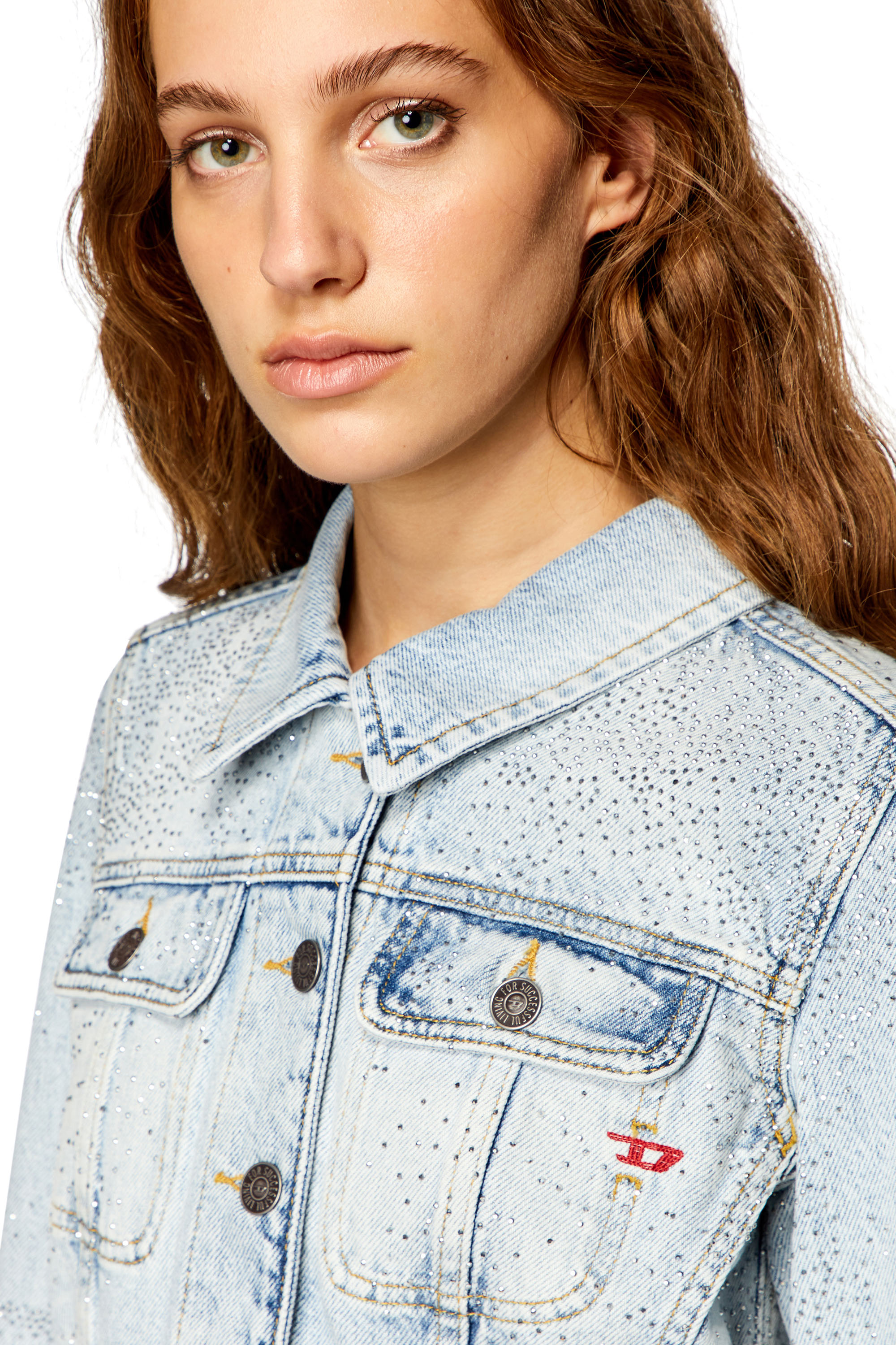 Diesel - DE-SLIMMY-S, Damen Truckerjacke aus Mikro-Denim aus Strass in Hellblau - 5