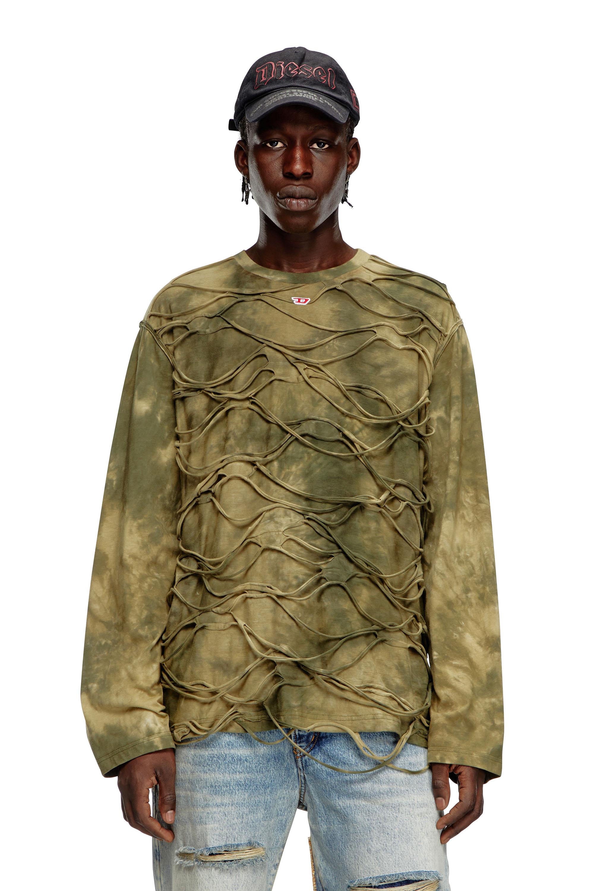 Diesel - T-CRANET-LS, T-shirt à manches longues avec fils flottants Homme in Vert - 1