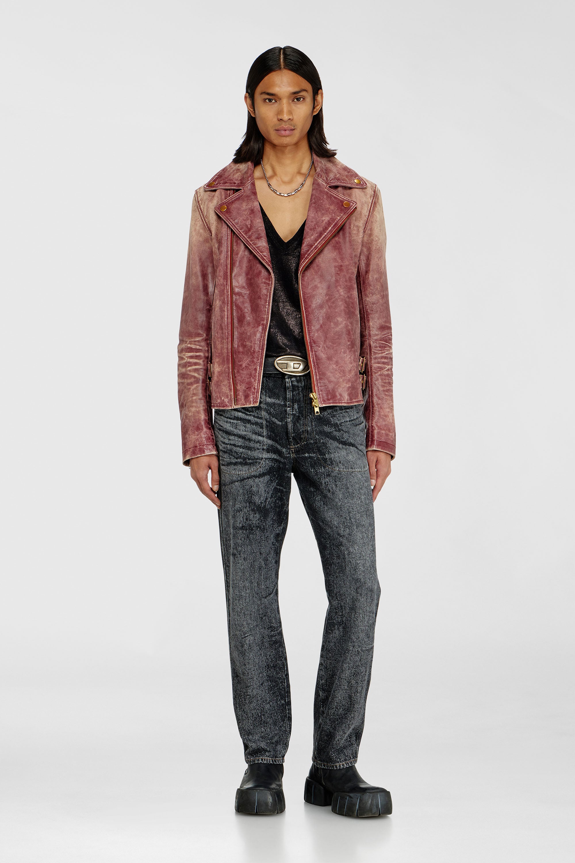 Diesel - L-EON-CJCM, Giacca biker in pelle lavorata Uomo in Marrone - 2