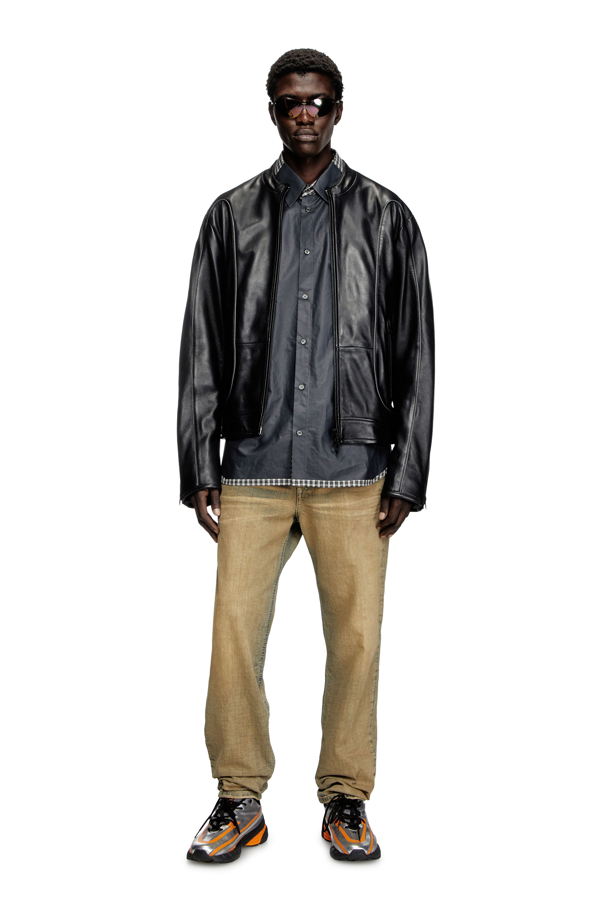 Diesel - L-KRIXY, Man's Leather biker jacket with piping detail in Black - 1