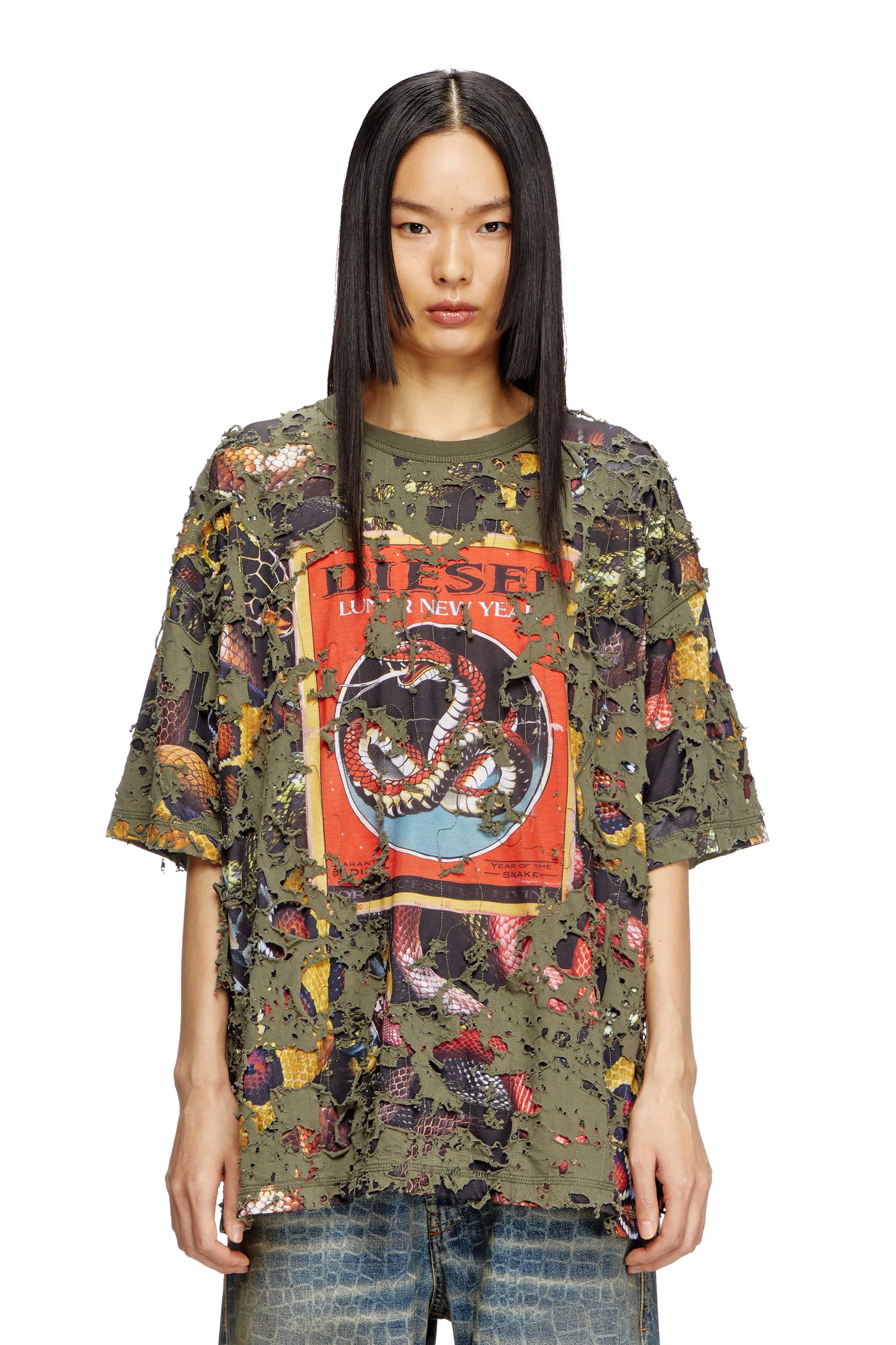 Diesel - CL-T-BOXT-DEVOR-SNAKE, T-shirt à imprimé serpent avec superposition effet destroy Mixte in Vert - 5