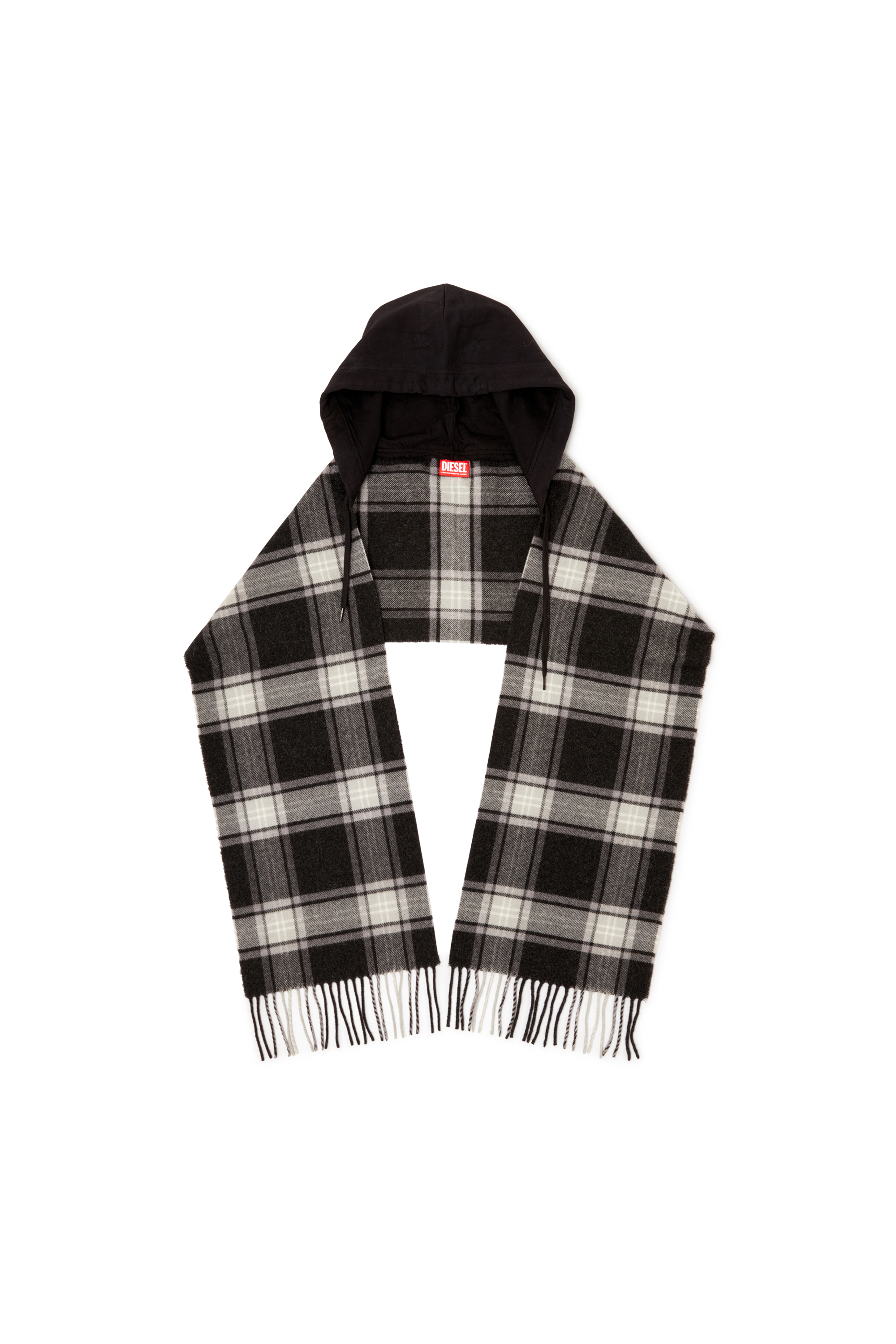 Diesel - S-CARHOOD, Herren Kapuzen-Schal aus Wollmischung mit Fransen in Schwarz/Weiss - 1