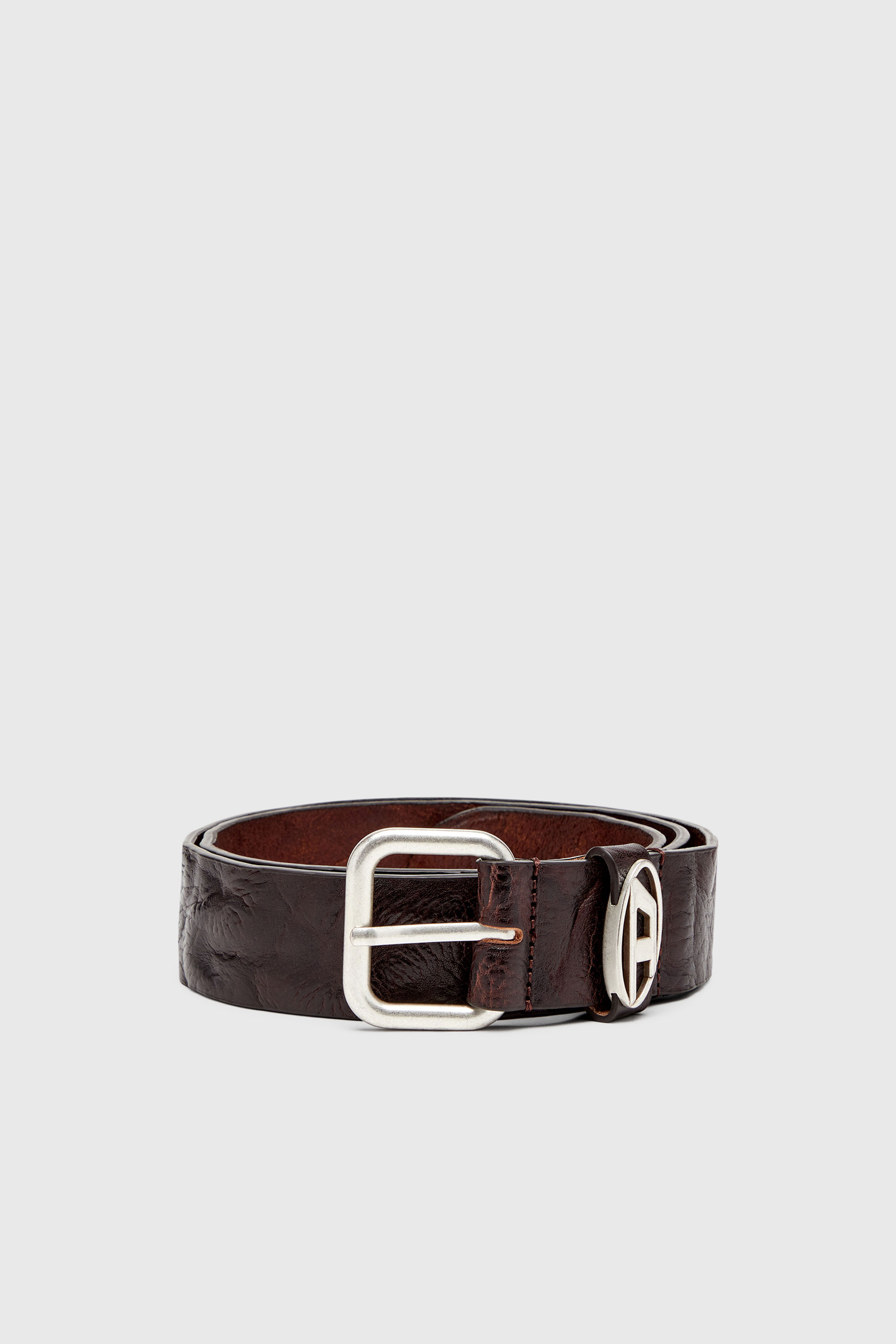 Diesel - B-1DR OVAL D LOOP, Ceinture 3.9 cm en cuir froiss&eacute; avec plaque &agrave; logo Mixte in Marron - 1
