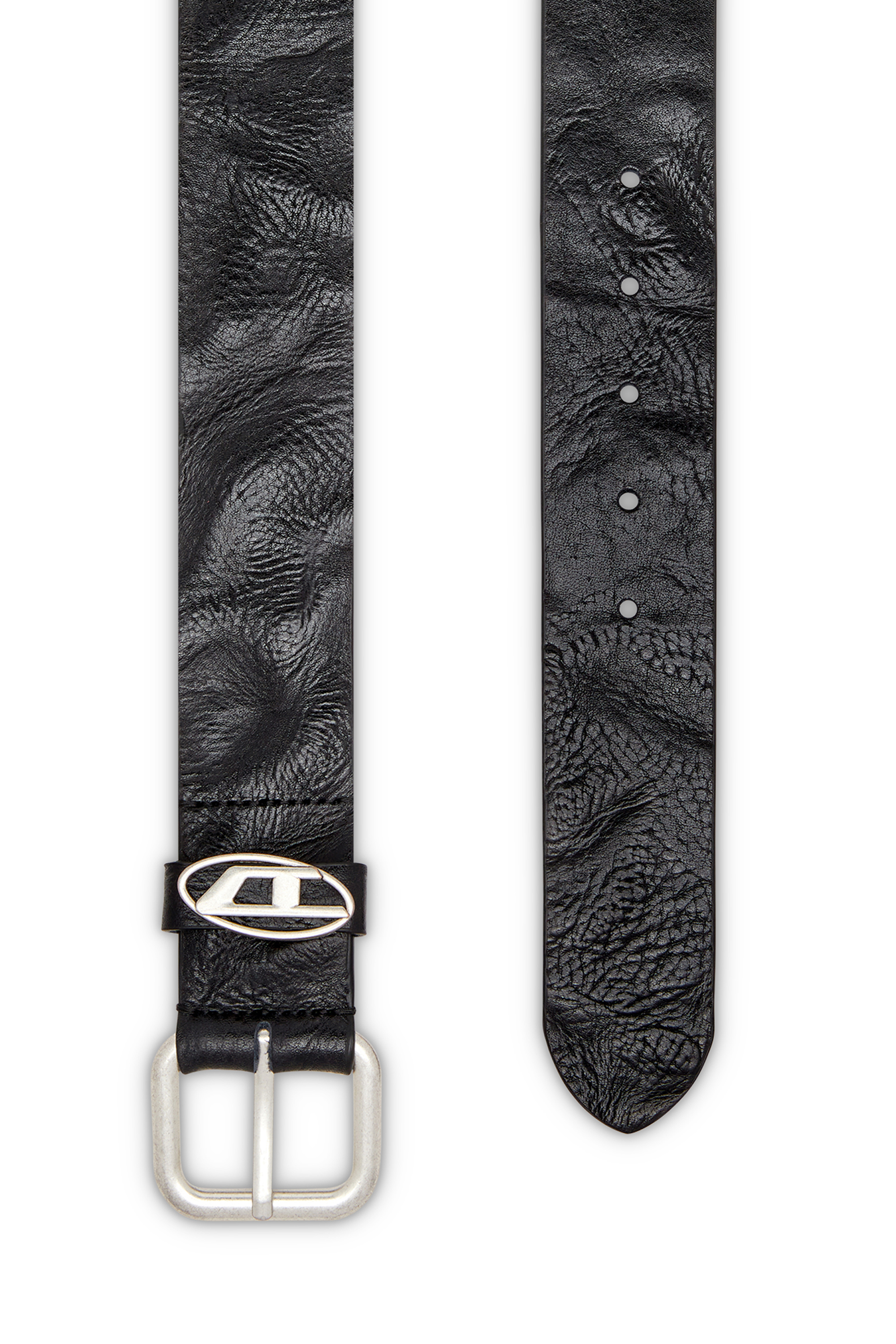 Diesel - B-1DR OVAL D LOOP, Unisex 3.9cm Gürtel aus Knitter-Leder mit Logo-Plakette in Schwarz - 2