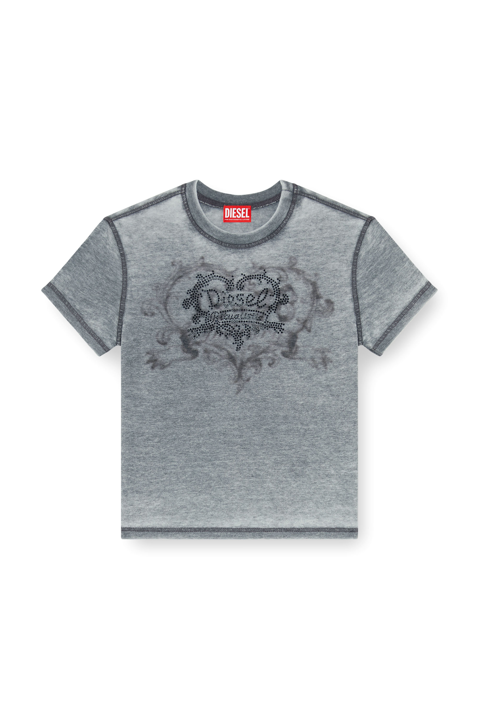 Diesel - T-ILA-AA1, T-shirt en jersey avec strass et burnout effect Femme in Gris - 3