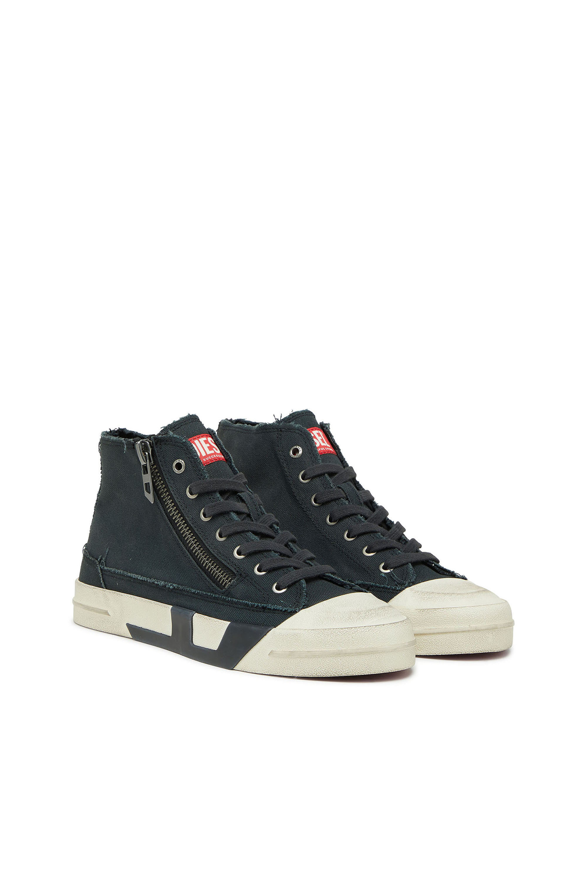 Diesel - S-D-VERSE ZIP MID II, S-D-Verse - Baskets en toile effiloch&eacute;e avec logo D Homme in Noir - 2