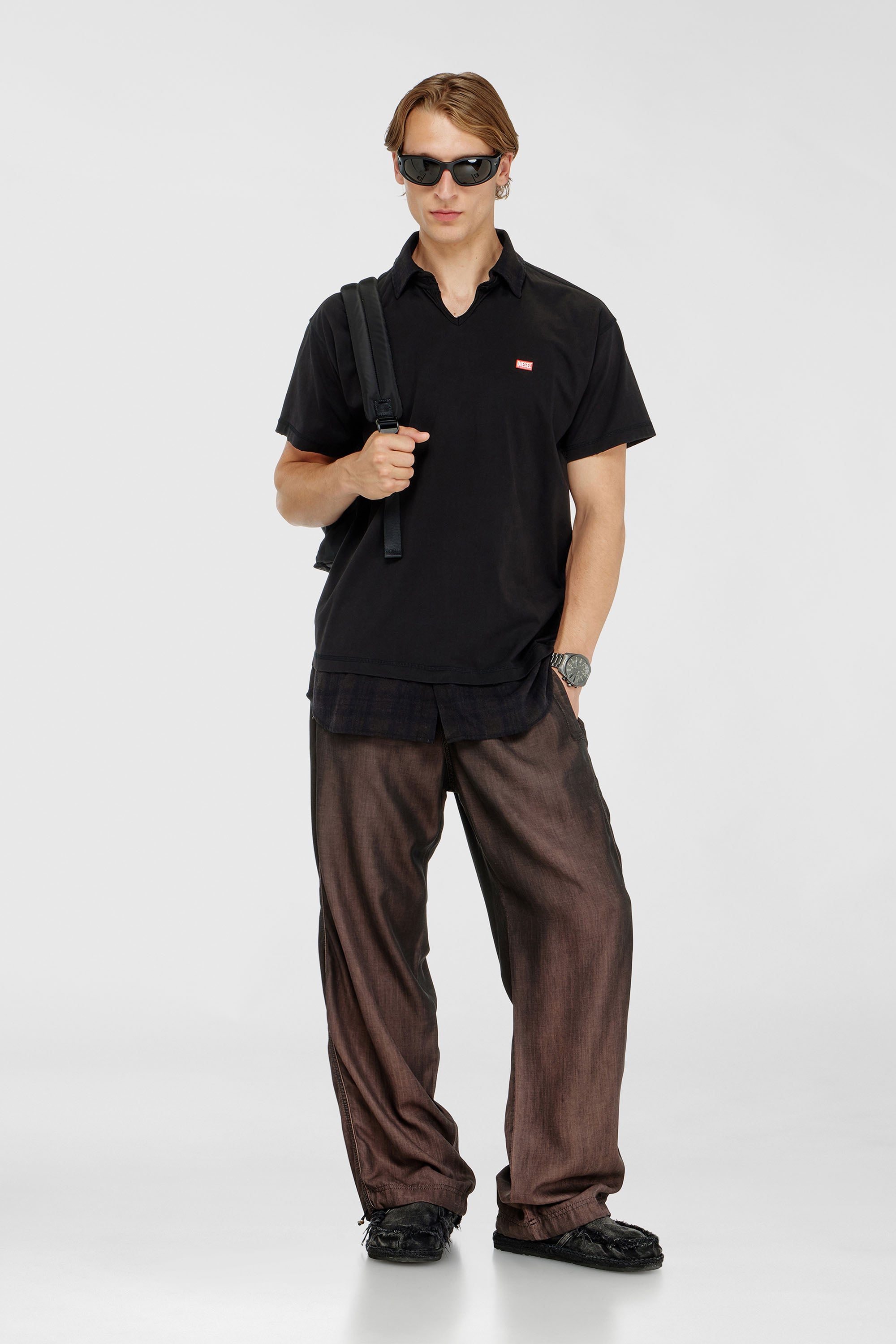 Diesel - T-ANSEL, Polo in jersey con dettagli in flanella a quadri Uomo in Nero - 2
