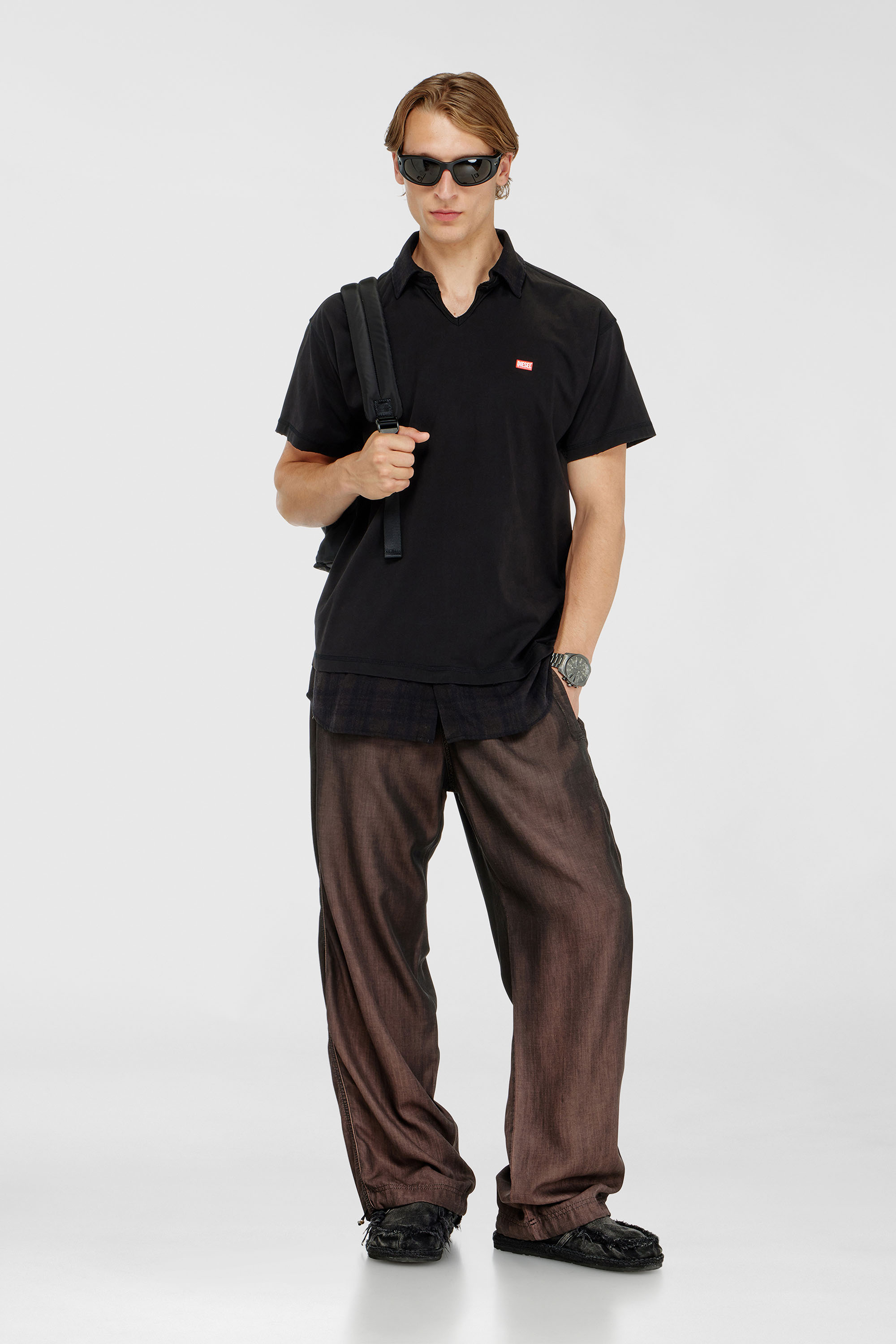 Diesel - T-ANSEL, Polo en jersey avec finitions en flanelle &agrave; carreaux Homme in Noir - 1
