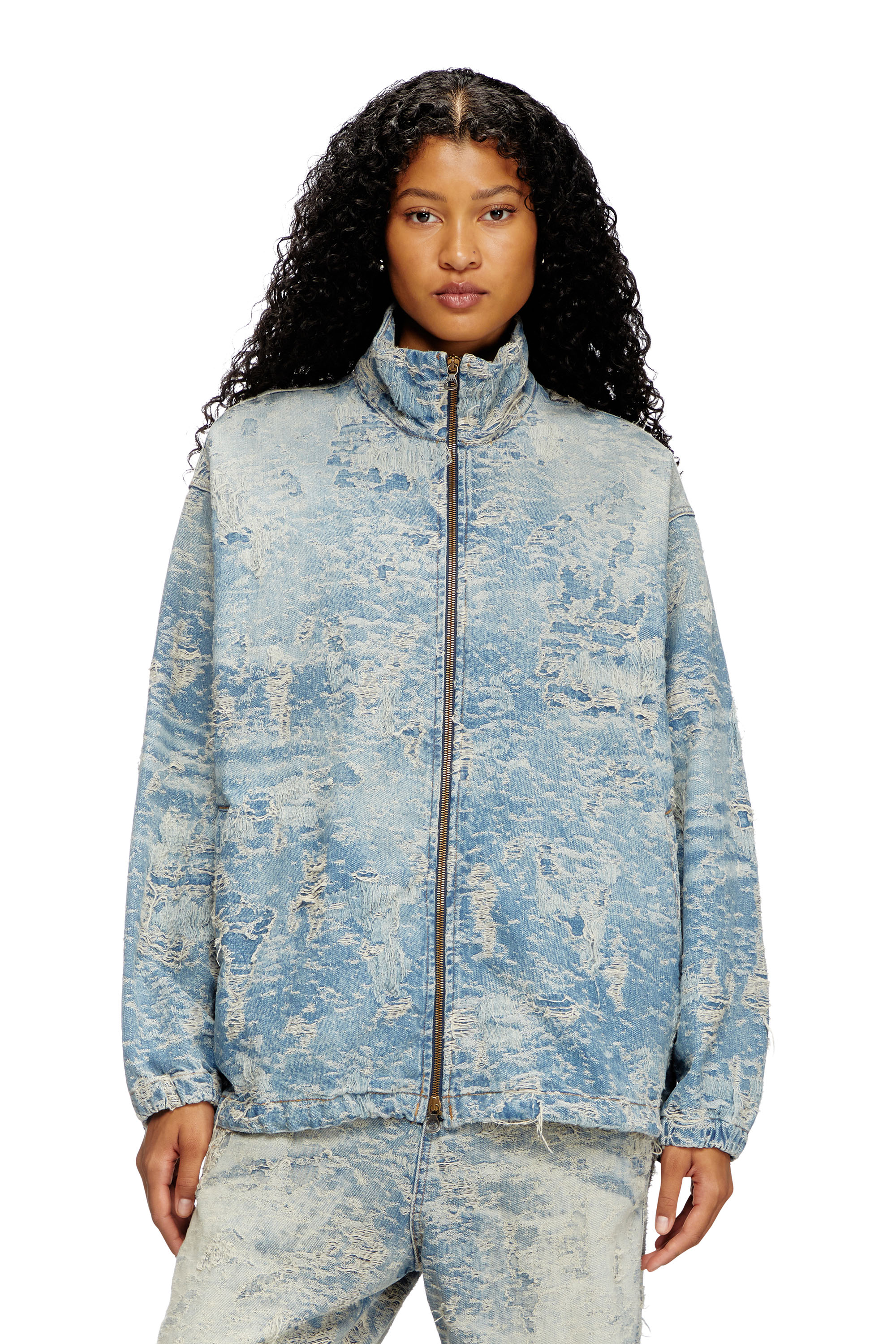 Diesel - D-KRAP-FSF, Veste zippée en denim jacquard effet sali Mixte in Bleu - 1