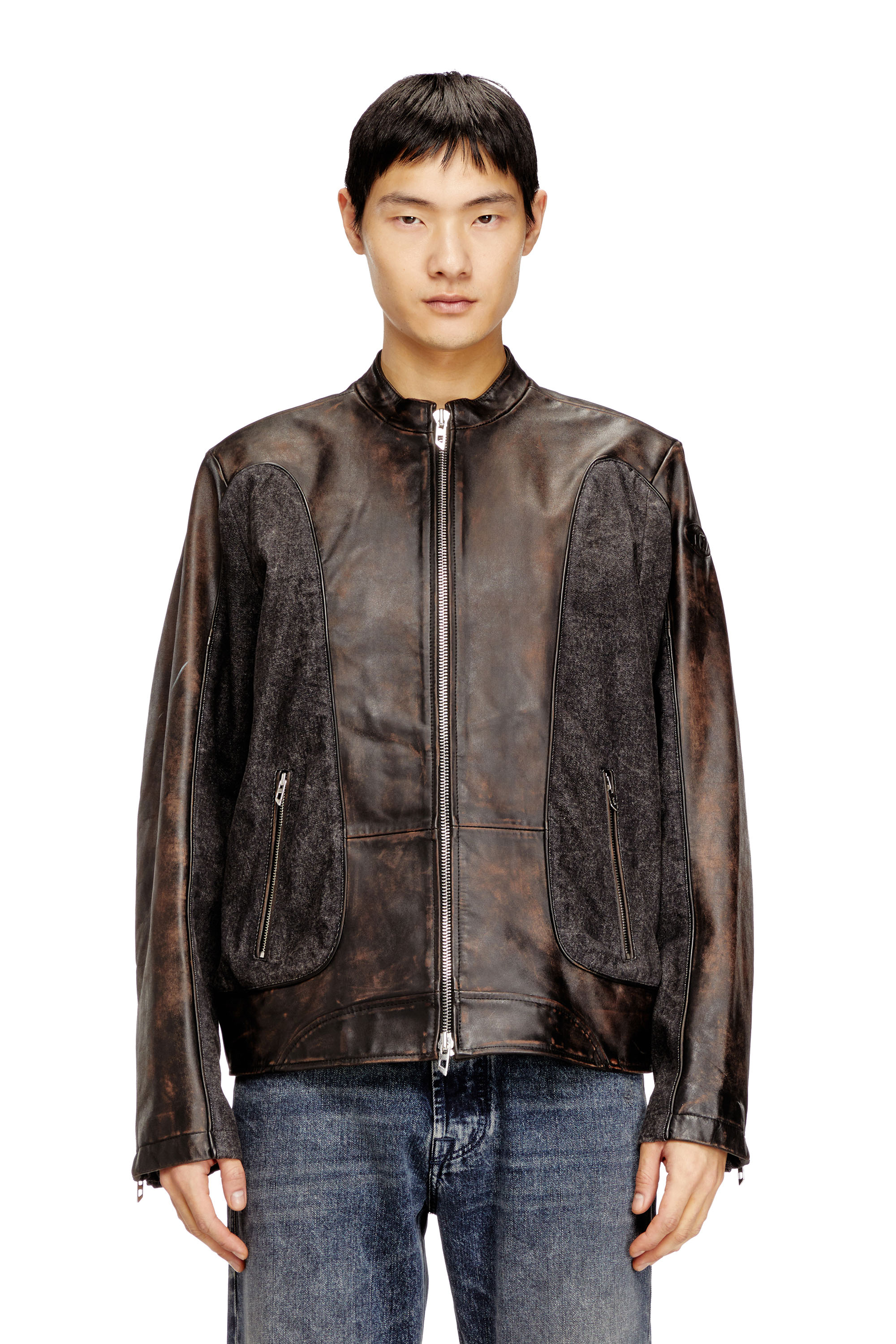 Diesel - L-KRILL-DNM, Veste de motard à passepoils en cuir et denim Homme in ToBeDefined - 1