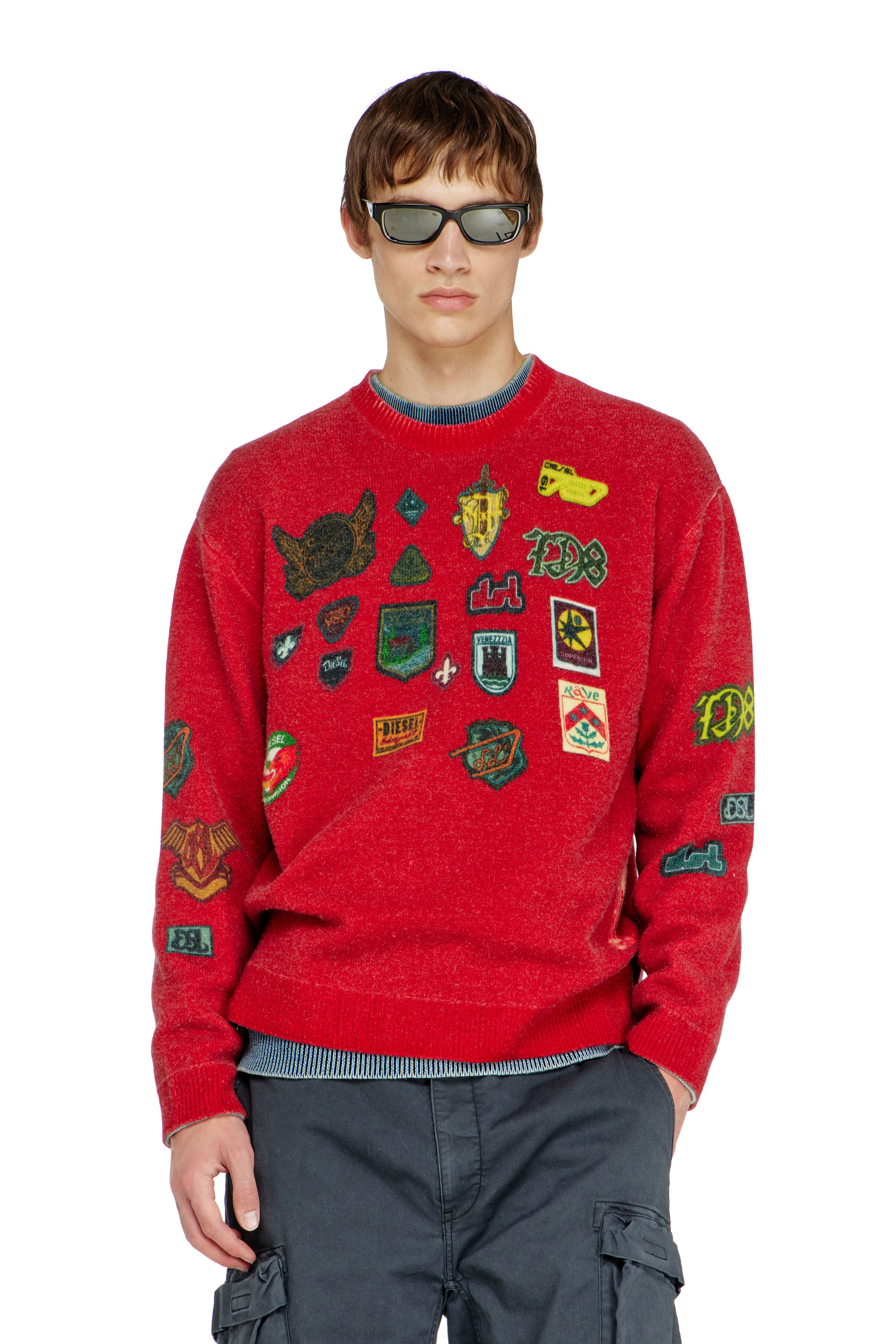 Diesel - K-PATCY, Pull en laine avec patchs imprim&eacute;s Homme in Rouge - 3