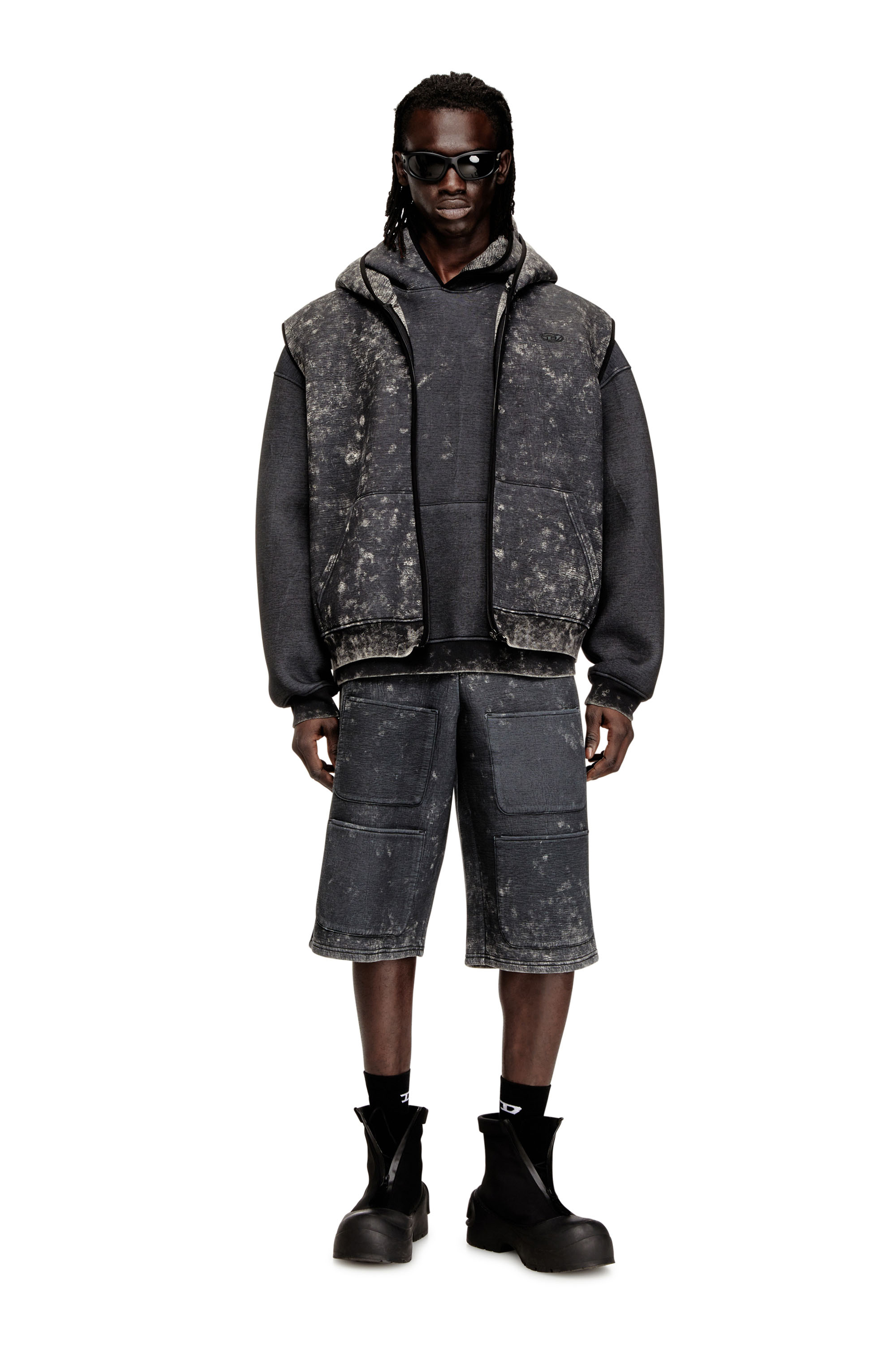 Diesel - S-TYP, Short a gamba ampia in scuba effetto marmorizzato Unisex in Nero - 4