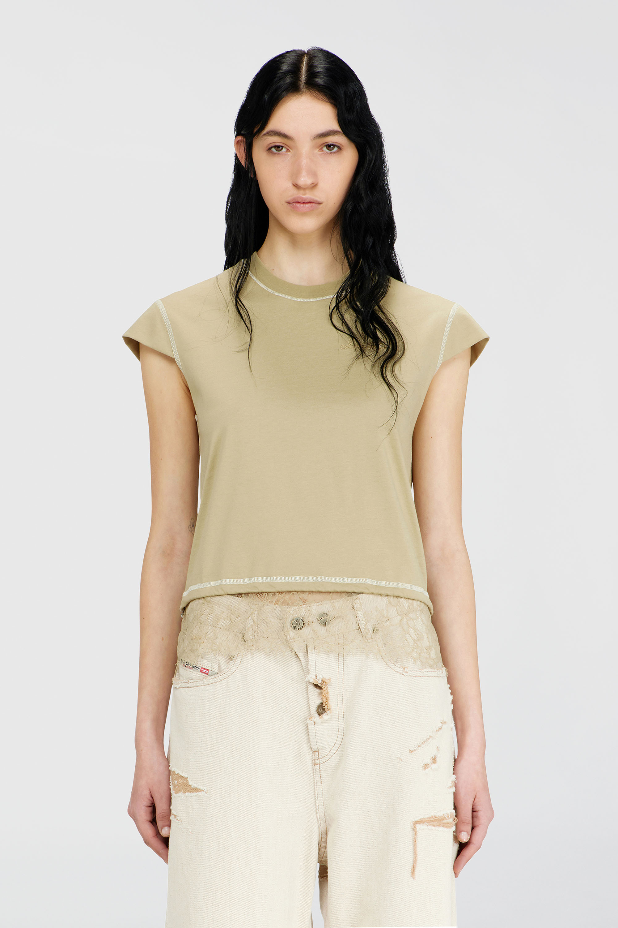 Diesel - T-LUNA, T-shirt en jersey avec ourlet en dentelle Femme in Beige - 3