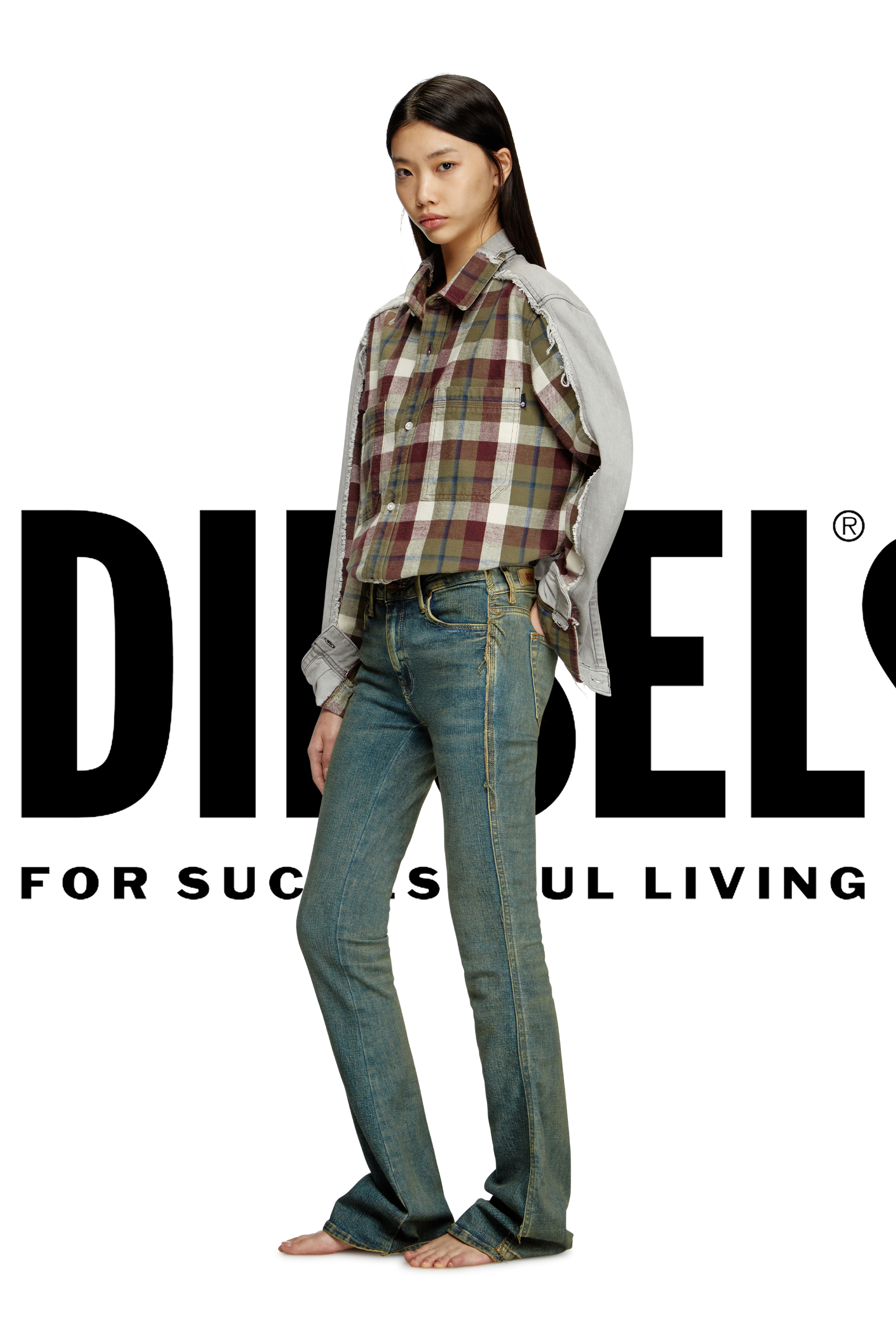 Diesel - Shirt Diseloves 8B, Camicia in tessuto check e denim effetto bleach Unisex in Multicolor - 3