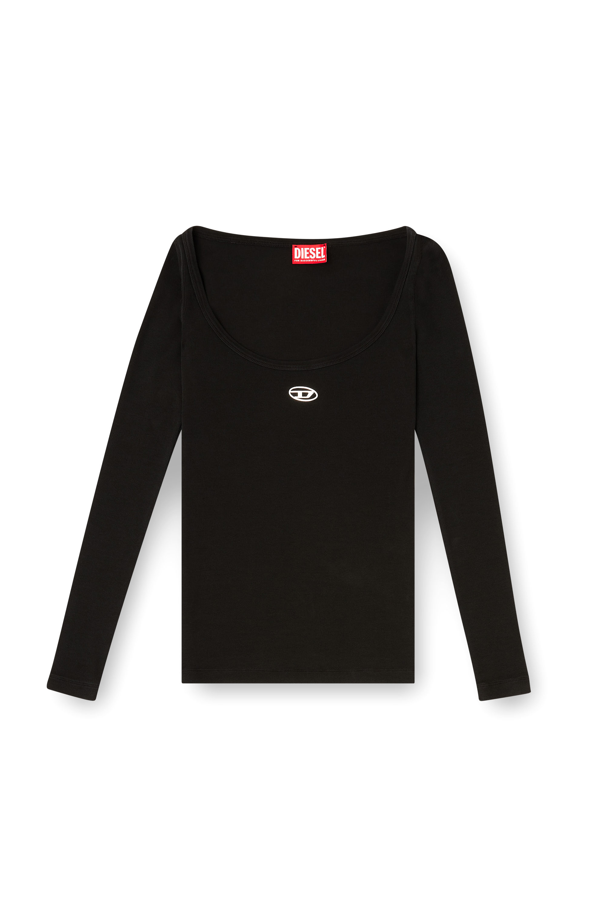 Diesel - T-BAL-OD, Top a maniche lunghe a costine con Oval D metallico Donna in Nero - 2