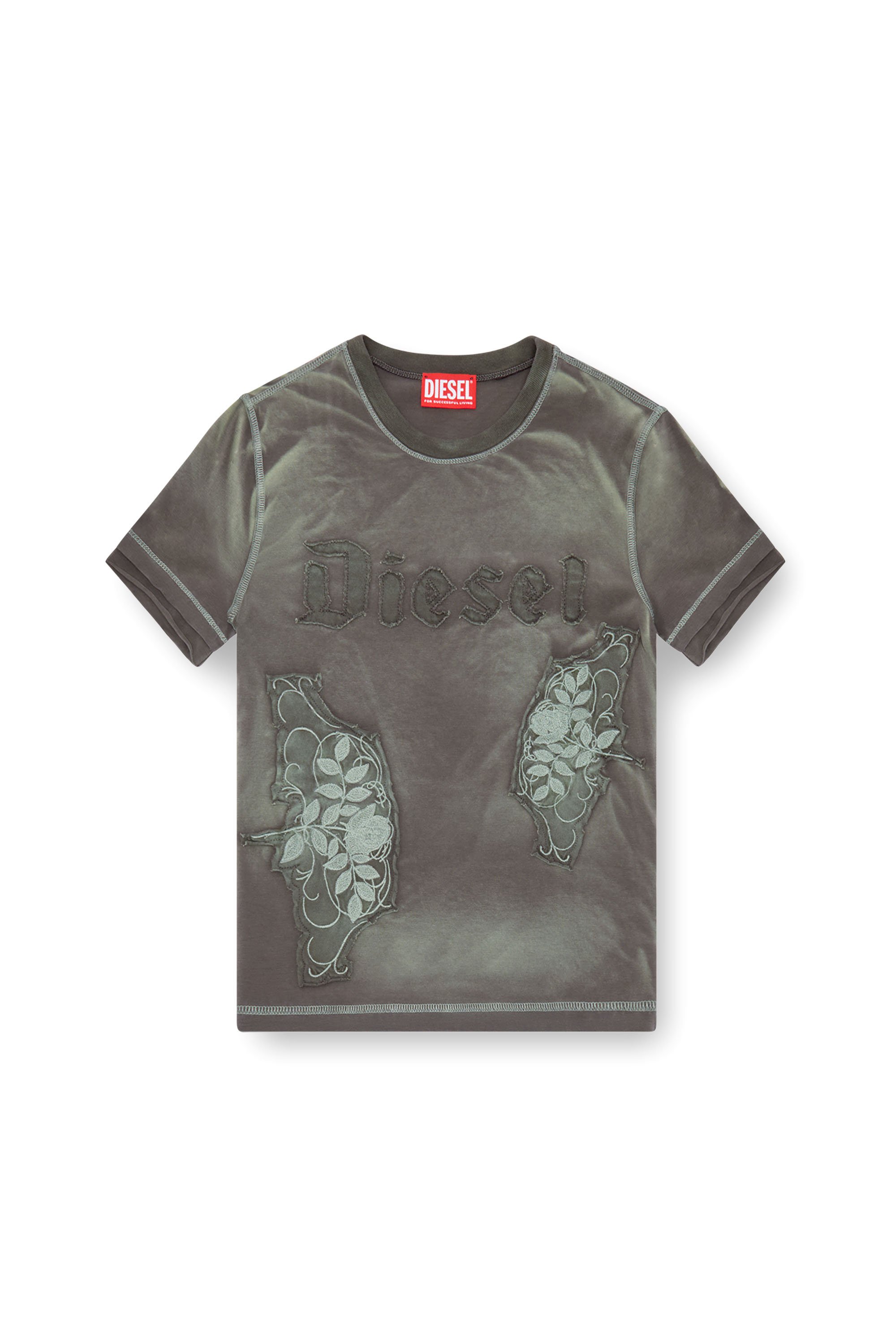 Diesel - T-UNCUT, Femme T-shirt avec empiècements fleuris brodés in Vert - Image 4