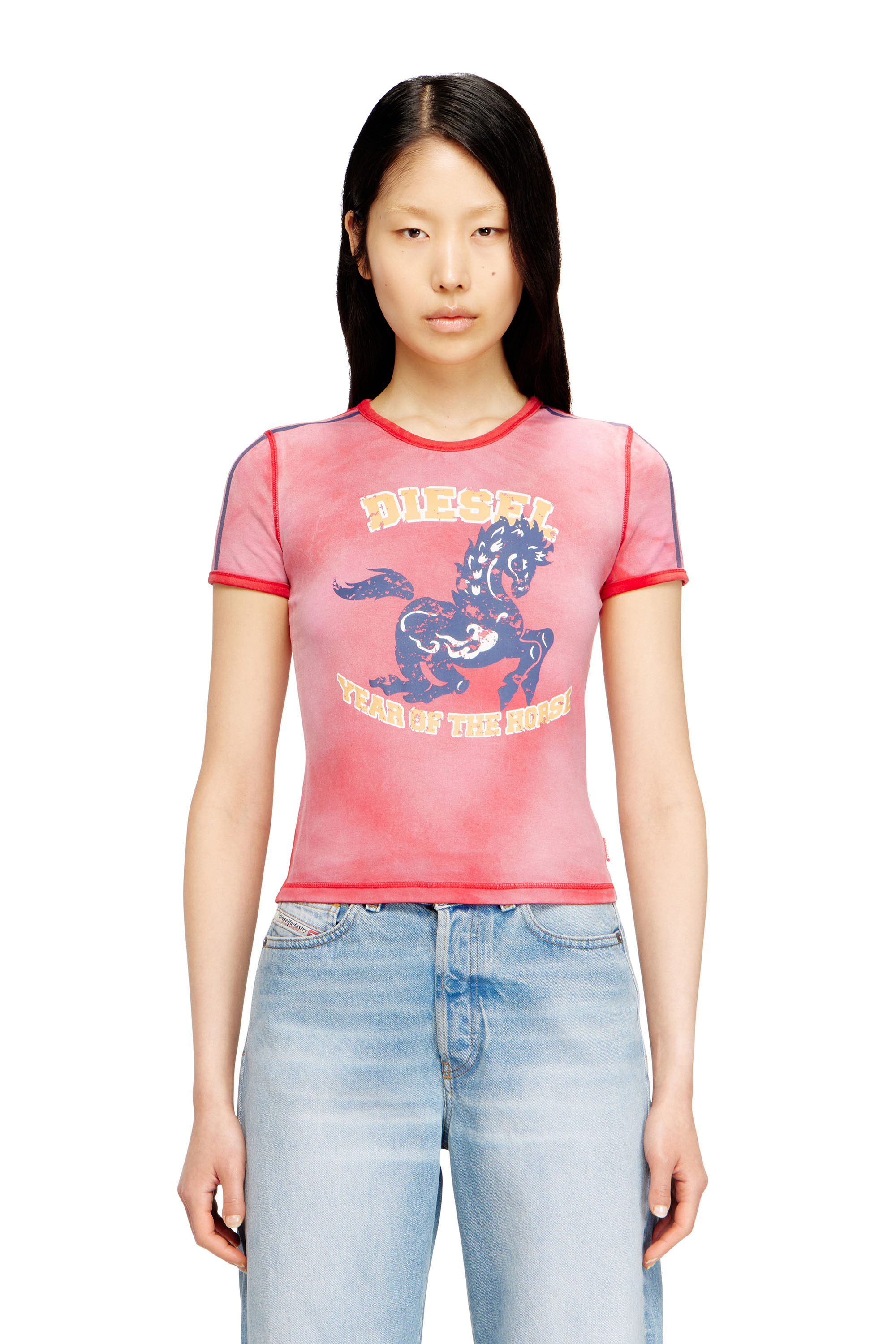 Diesel - CL-T-UNCUTIE-HORSE, T-shirt in jersey di cotone elasticizzato con stampa grafica di cavallo Donna in Rosso - 3
