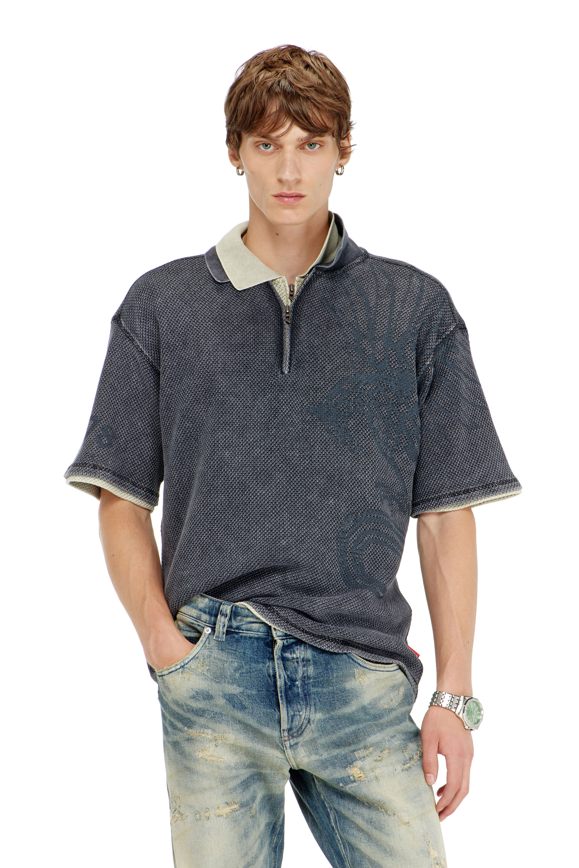 Diesel - T-ERRY-ZIP, Polo en mesh jacquard avec imprim&eacute; Phoenix Homme in Gris - 1
