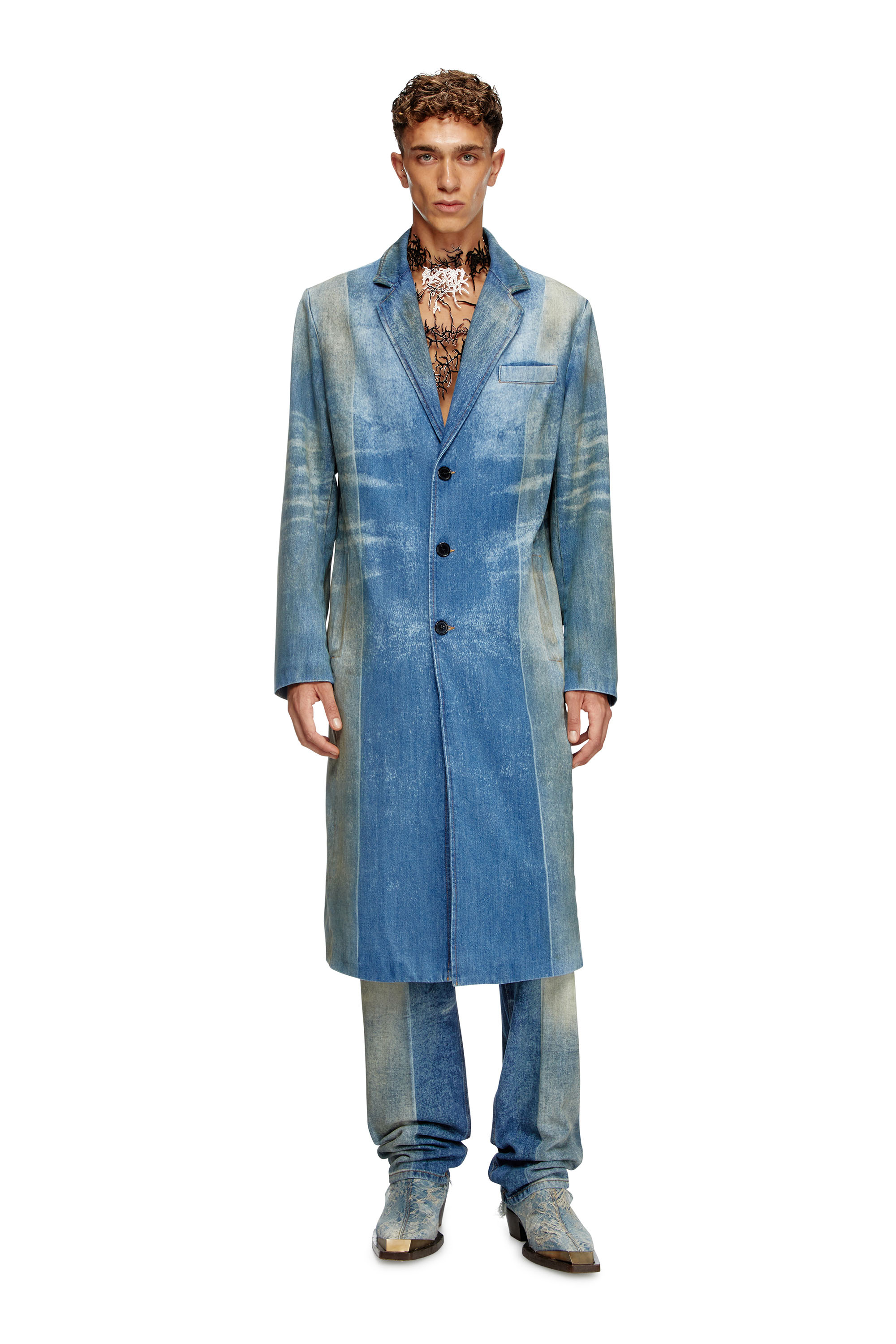 Diesel - D-BALZER-MID-FSF, Manteau en denim avec plis solarisés Homme in Bleu - 1