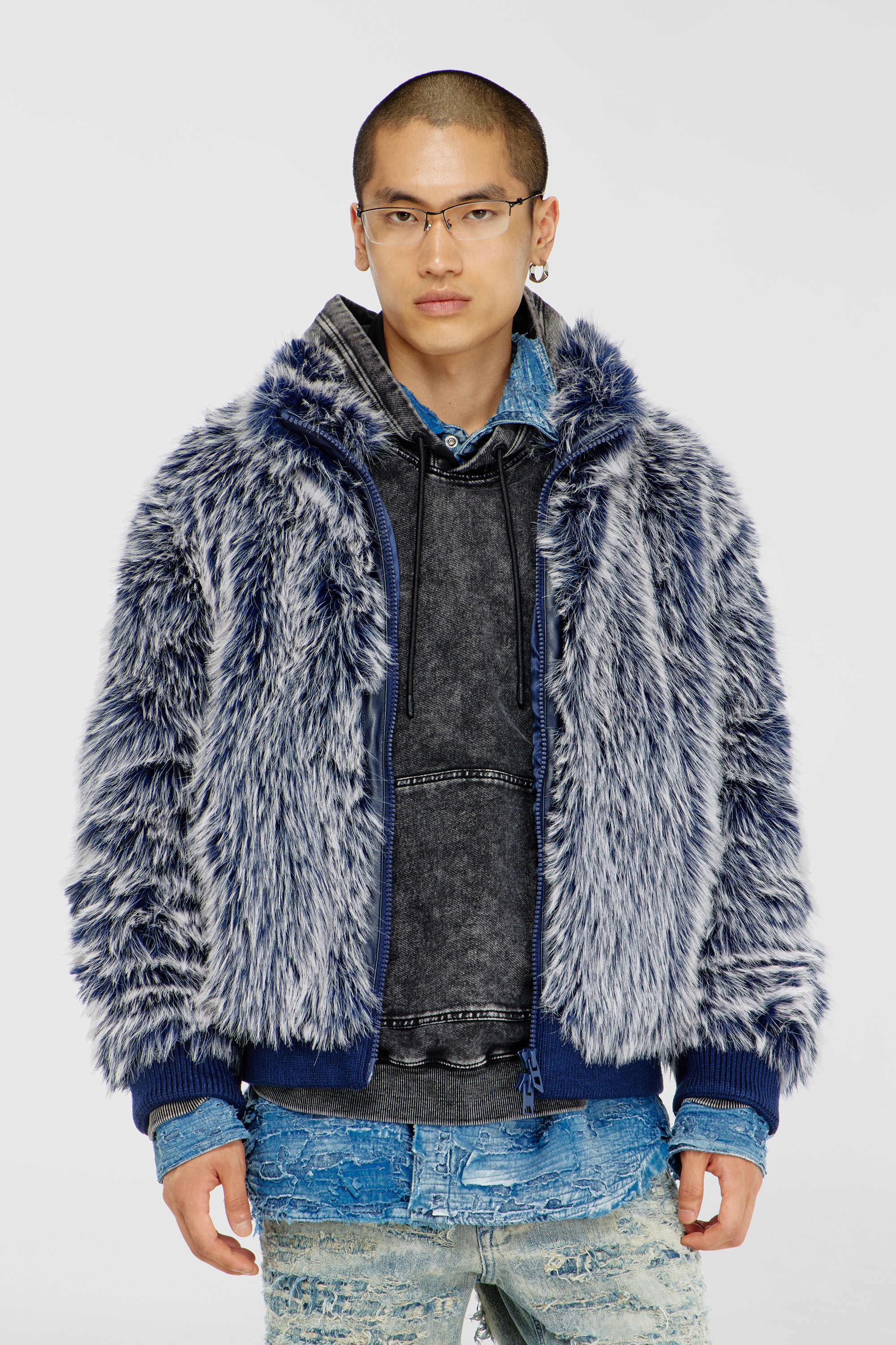 Diesel - W-VICTOR, Man's Shaggy winter jacket in Medium blue - 1