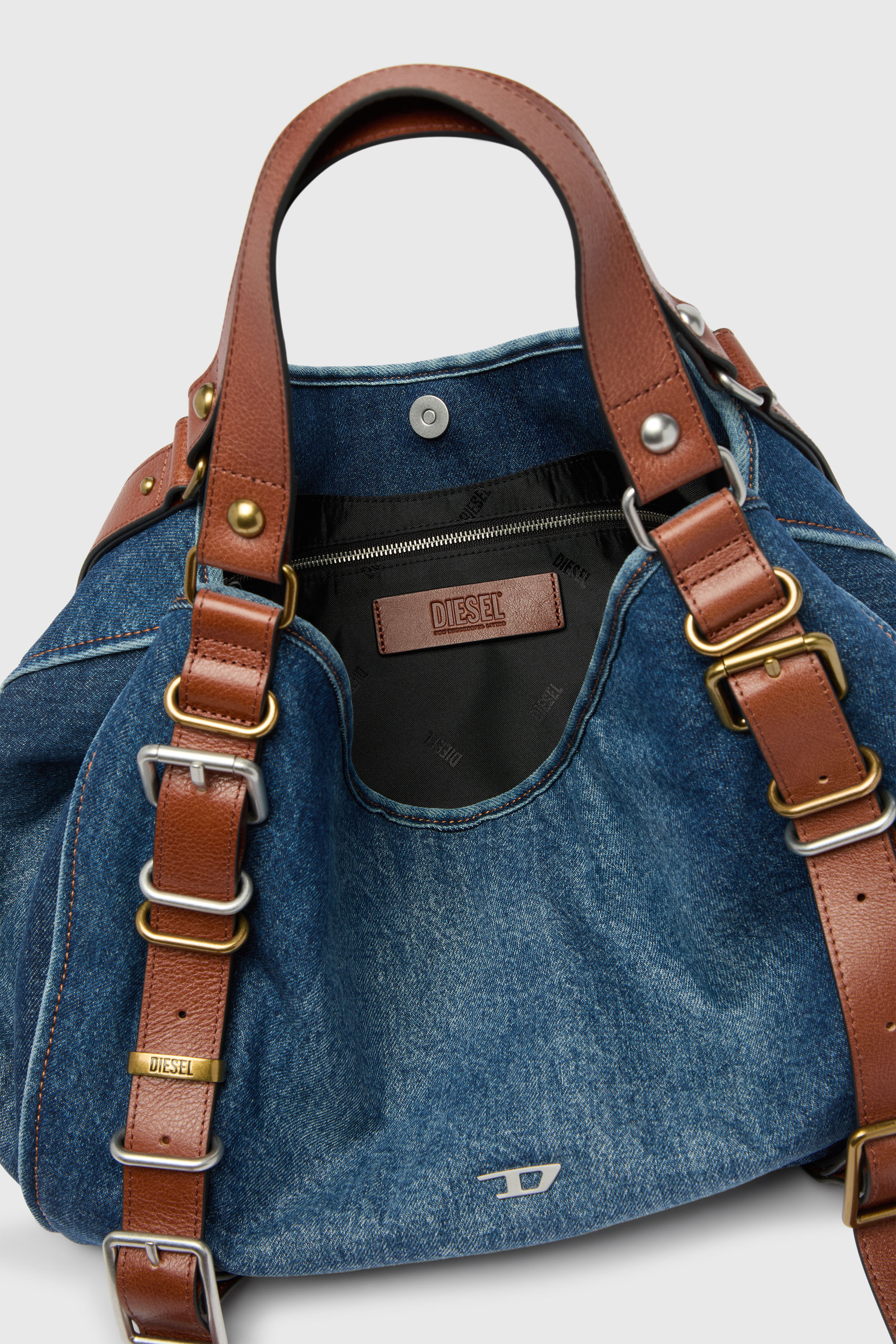 Diesel - D-ONE TOPHANDLE M, D-One-Borsa media a mano in denim e pelle Donna in Blu - 4
