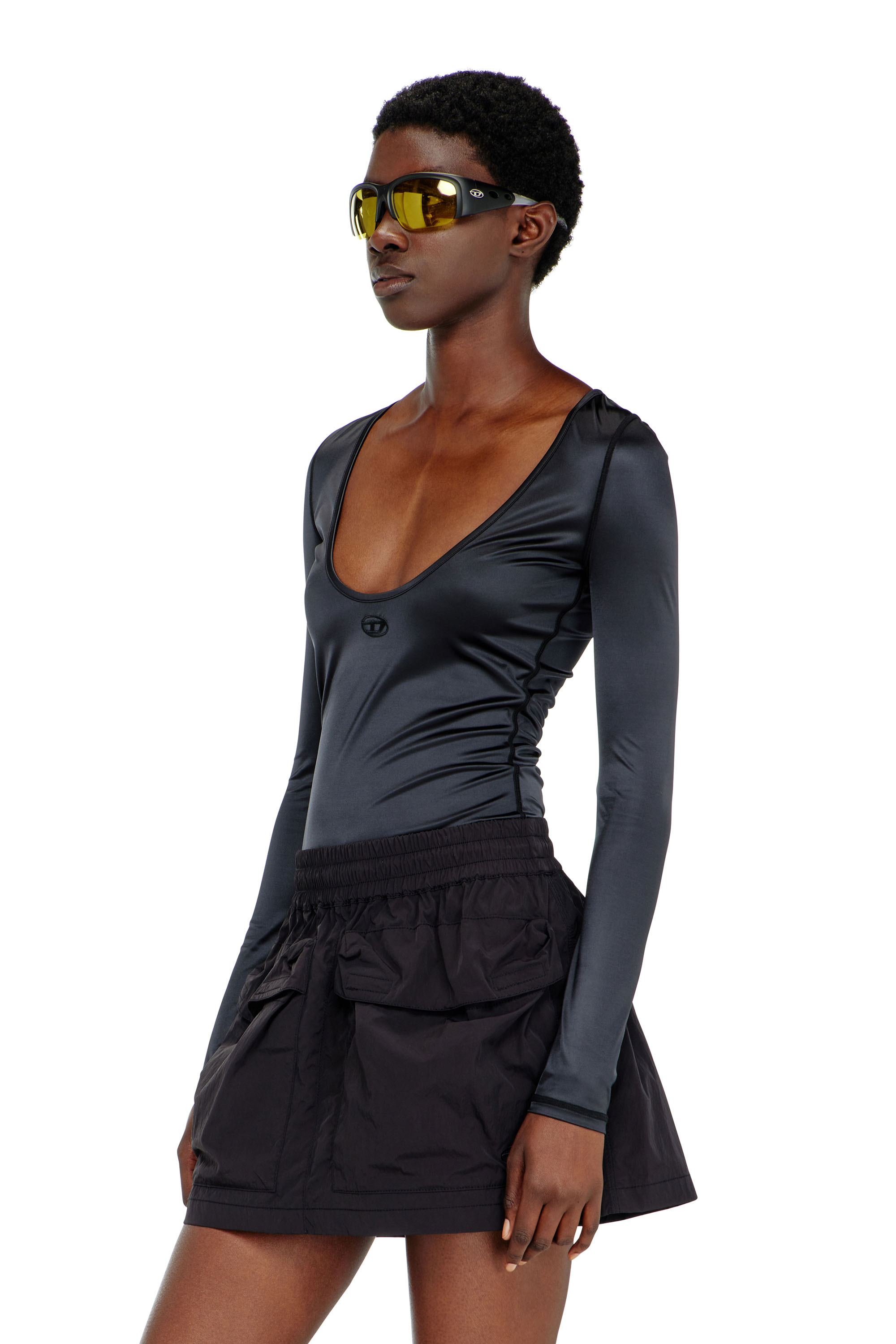 Diesel - T-ELPHIN-LS, Damen Nylon slim top mit Rundhalsausschnitt und Logo Oval D Stickerei in Schwarz - 3