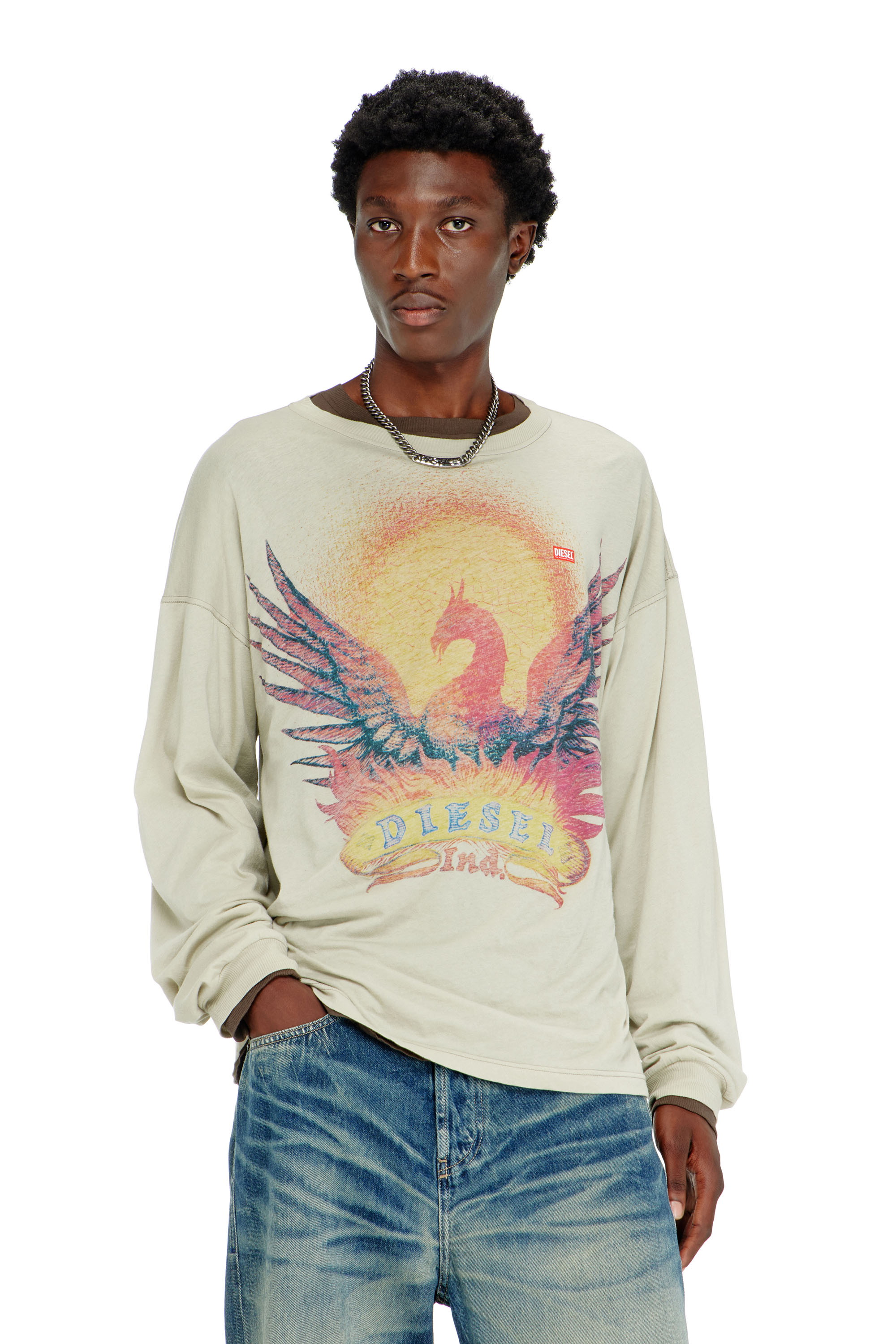 Diesel - T-BOXT-LS-AA1, T-shirt &agrave; manches longues avec motif Phoenix Homme in Beige - 1