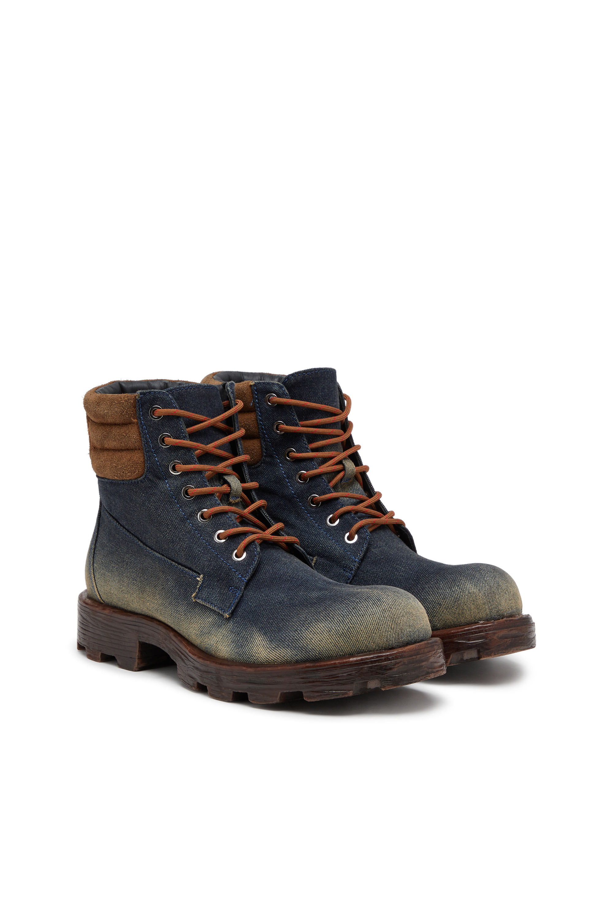 Diesel - D-HAMMER LACE UP, D-Hammer-Bottes de combat en denim et suède Homme in Bleu - 2