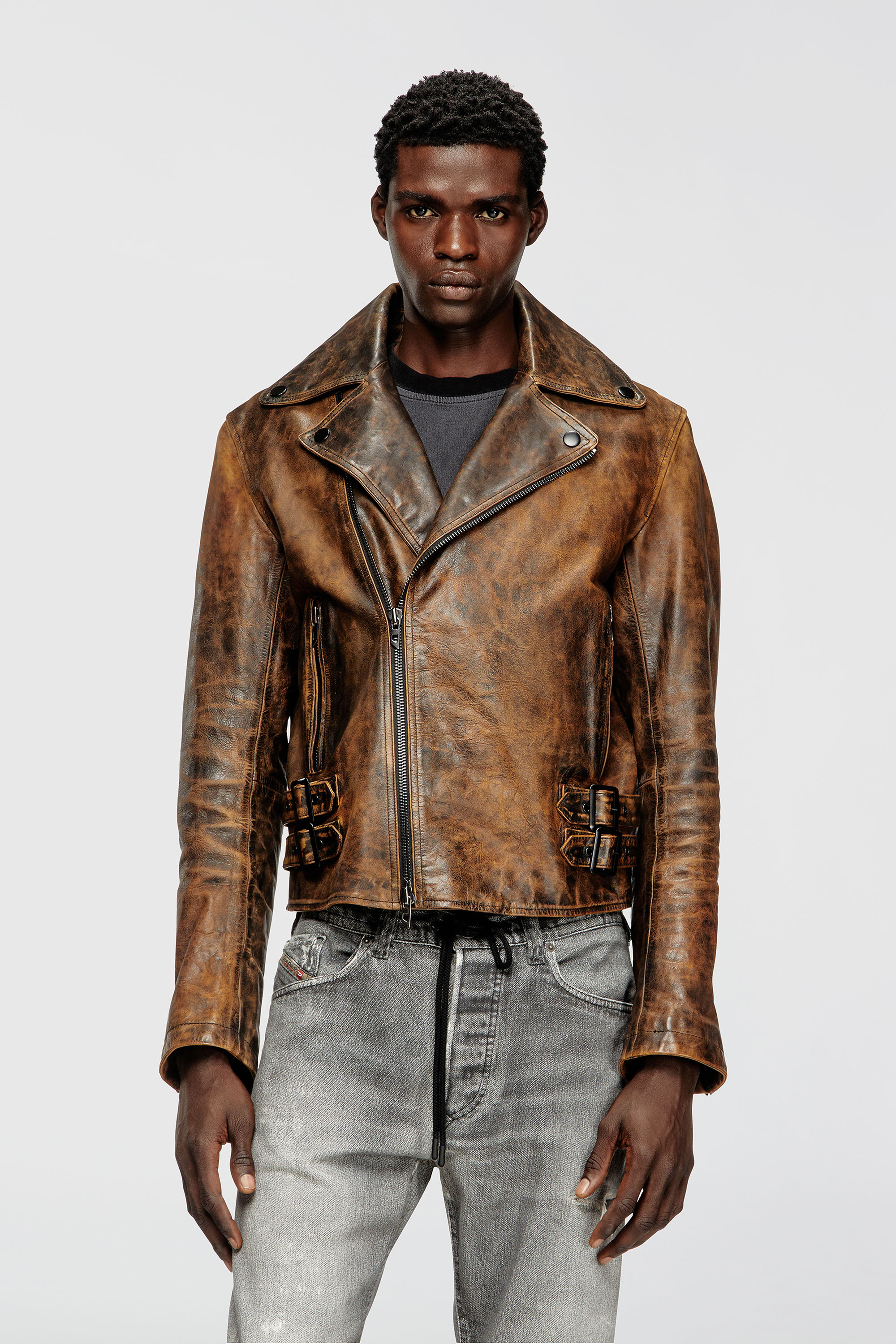 Diesel - L-EON, Giacca biker in pelle trattata Uomo in Marrone - 3