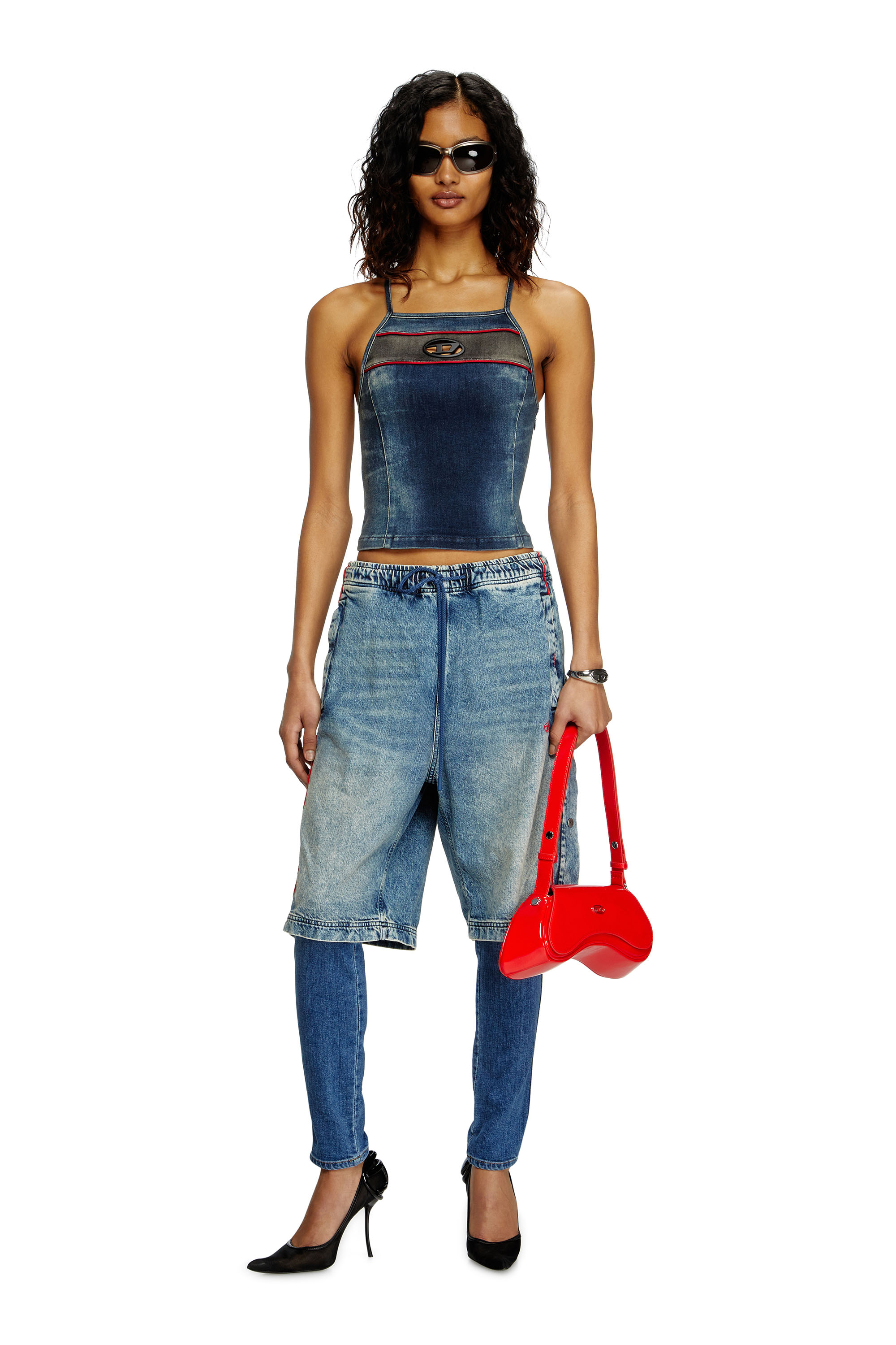 Diesel - DE-PILU-S, Top en denim bicolore stretch Femme in Bleu - 1