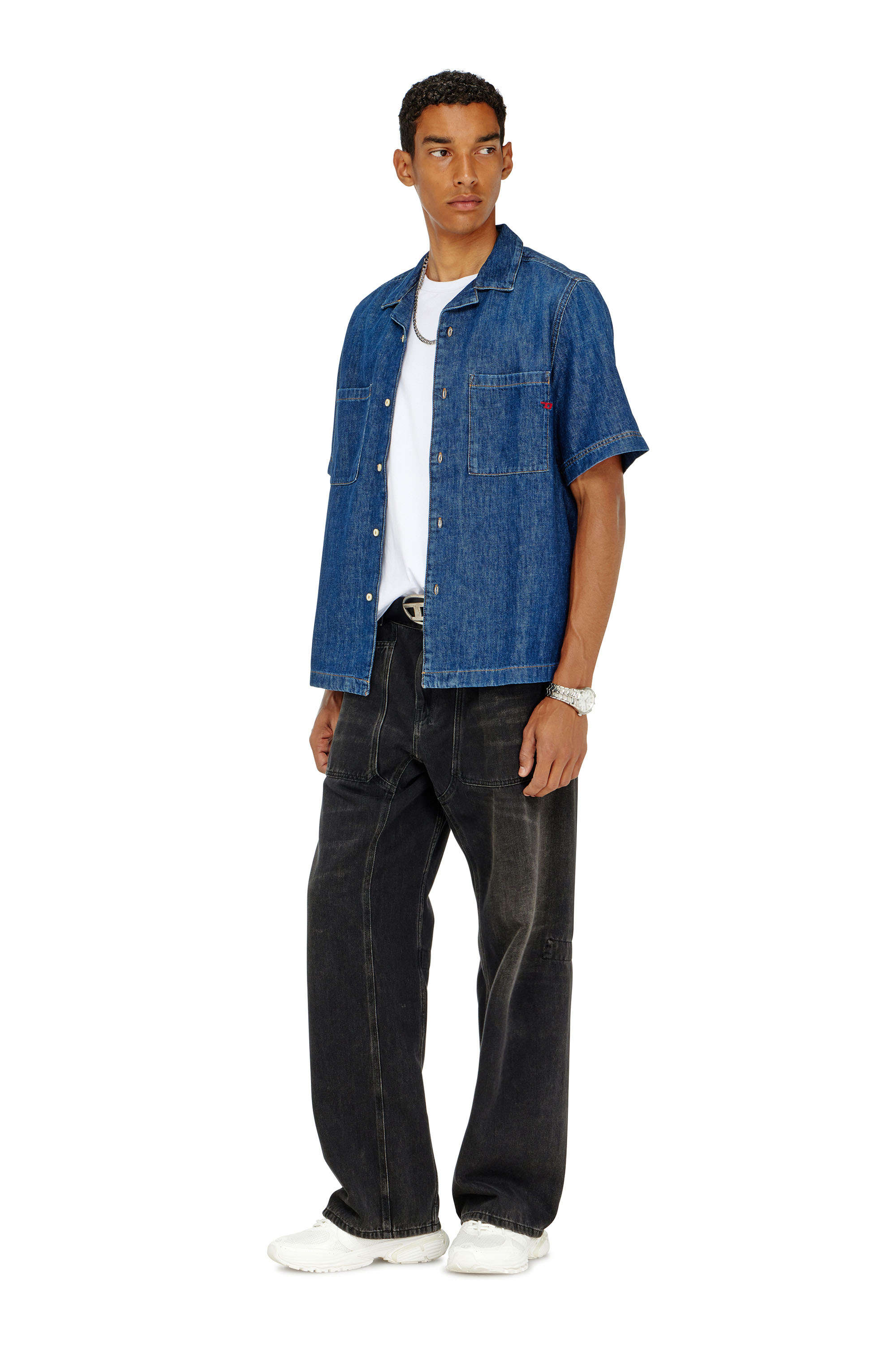 Diesel - D-PAROSHORT, Herren Bowling-Shirt aus Denim in Dunkelblau - 1