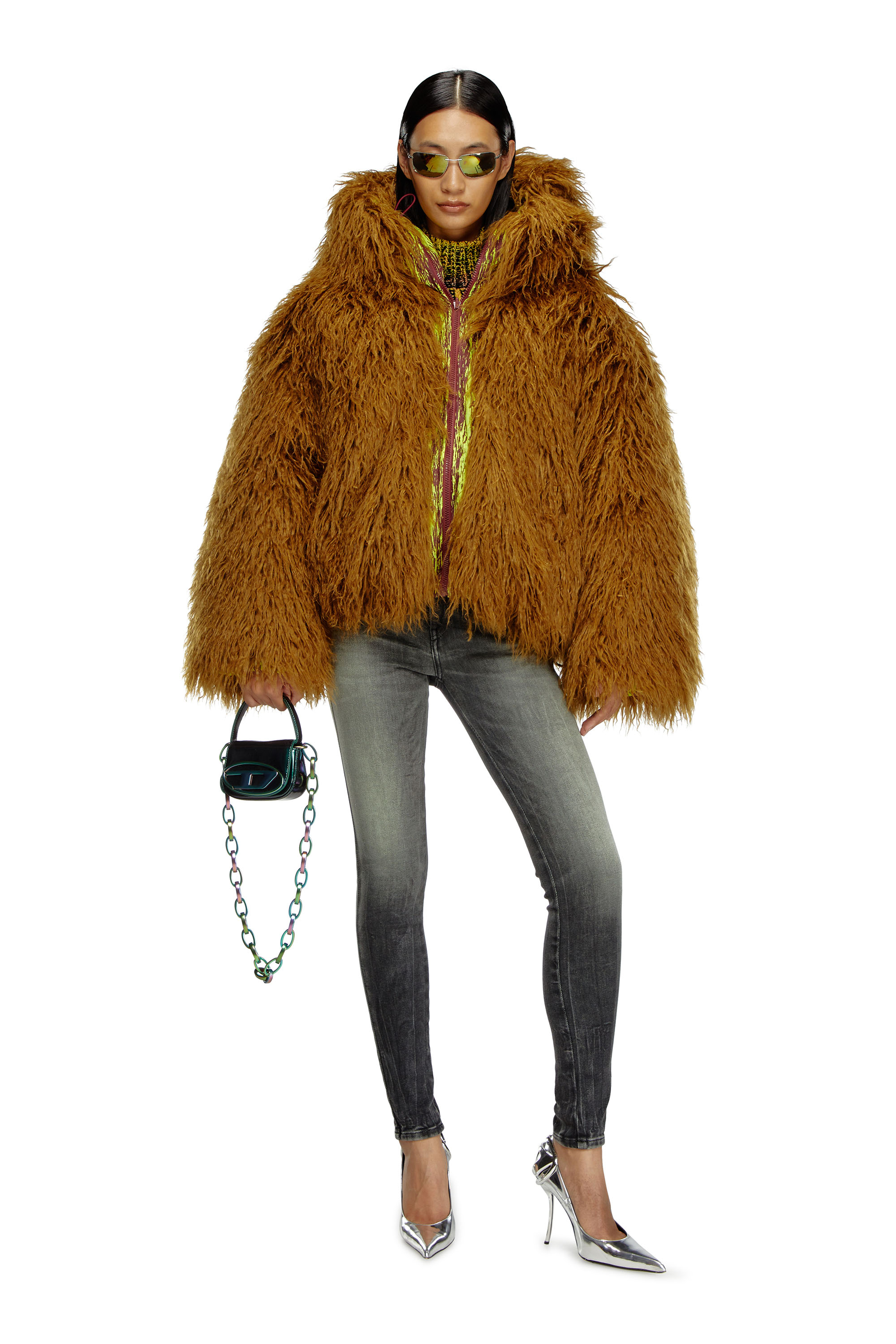 Diesel - W-ASABI, Giacca reversibile in dévoré e shaggy fur Donna in Marrone - 2