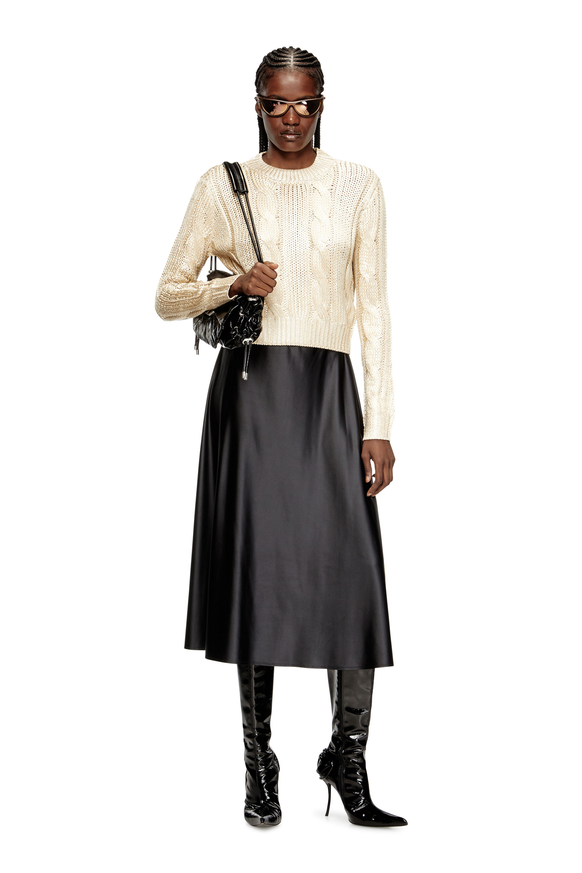 Diesel - M-MICCHA, Maglia con lavorazione a treccia e effetto shiny Donna in Beige - 1