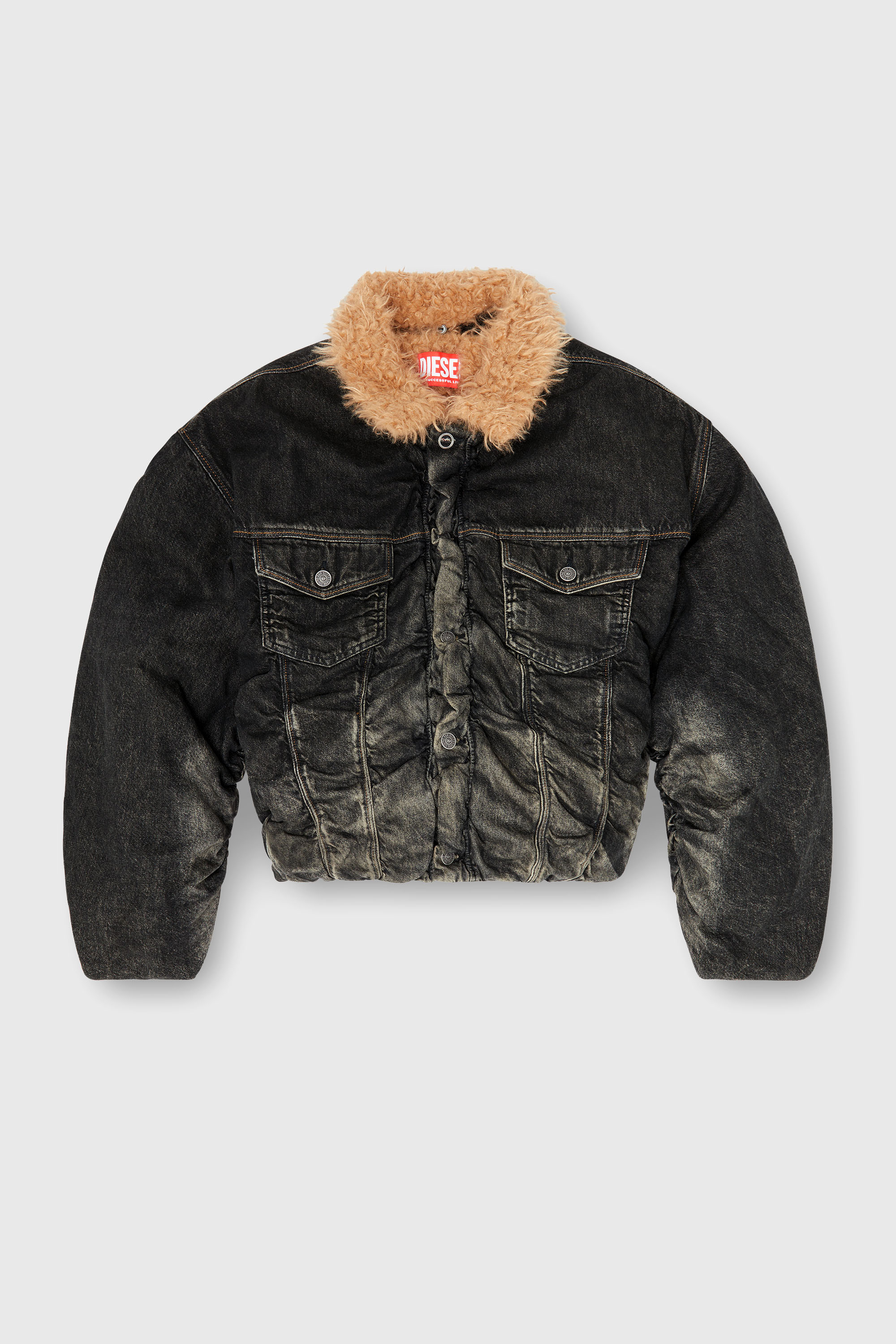 Diesel - D-CURLY-FSJ, Unisex's Teddy-lined trucker jacket in dirty-effect denim in Black/Dark grey - 2