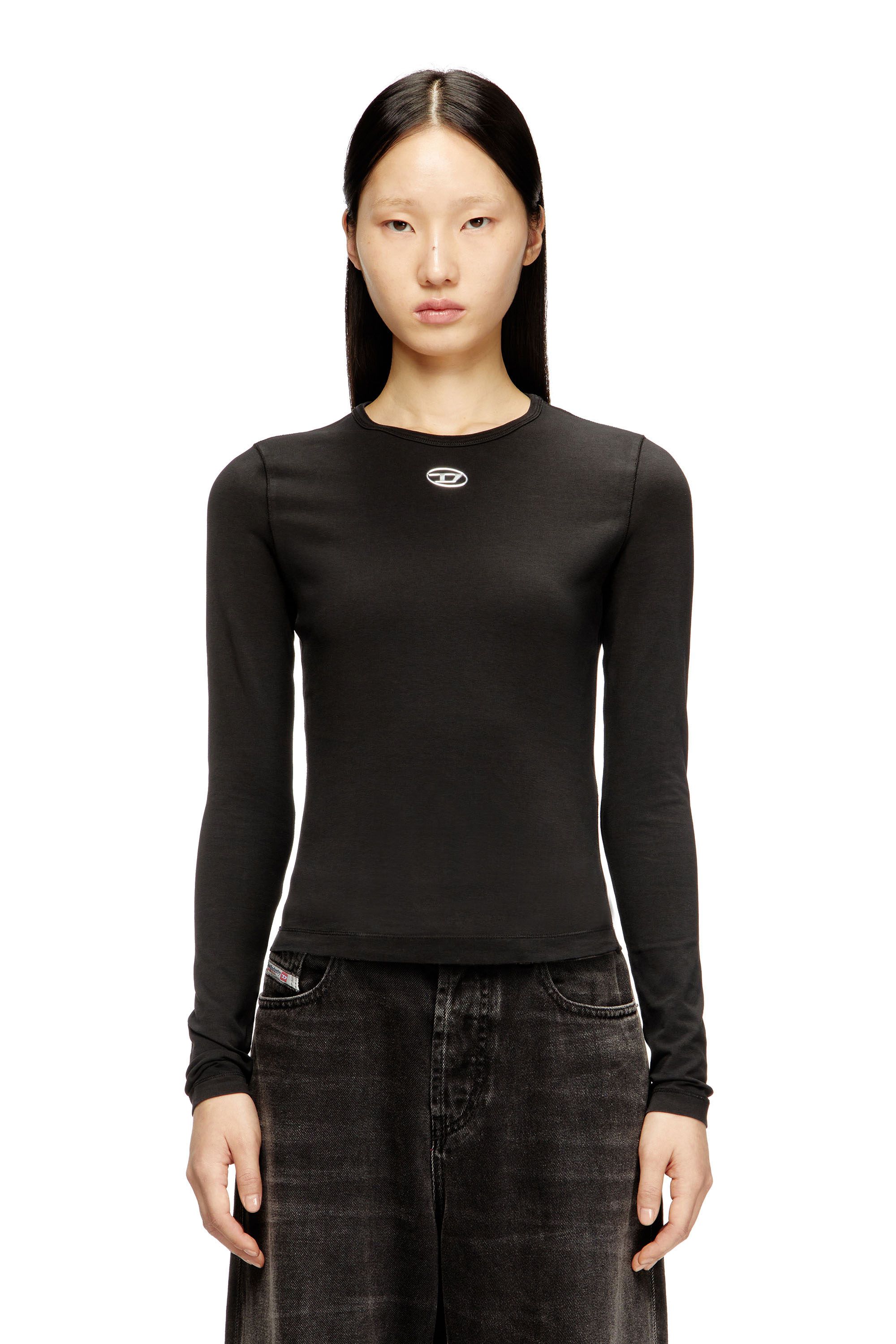 Diesel - T-UNCUTIESLONG-LS-OD, Pull en coton avec logo Oval D Femme in Noir - 1