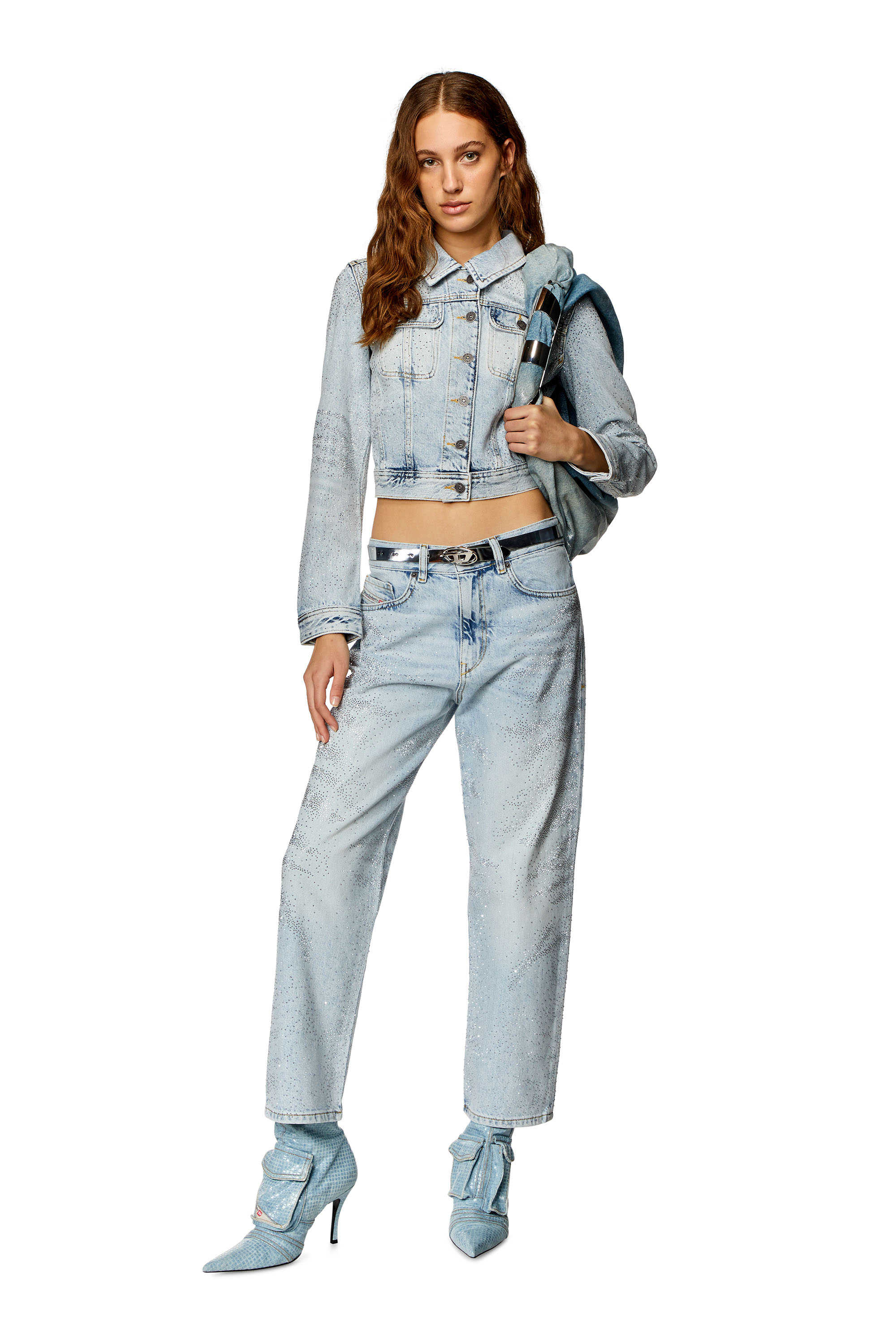 Diesel - DE-SLIMMY-S, Damen Truckerjacke aus Mikro-Denim aus Strass in Hellblau - 1